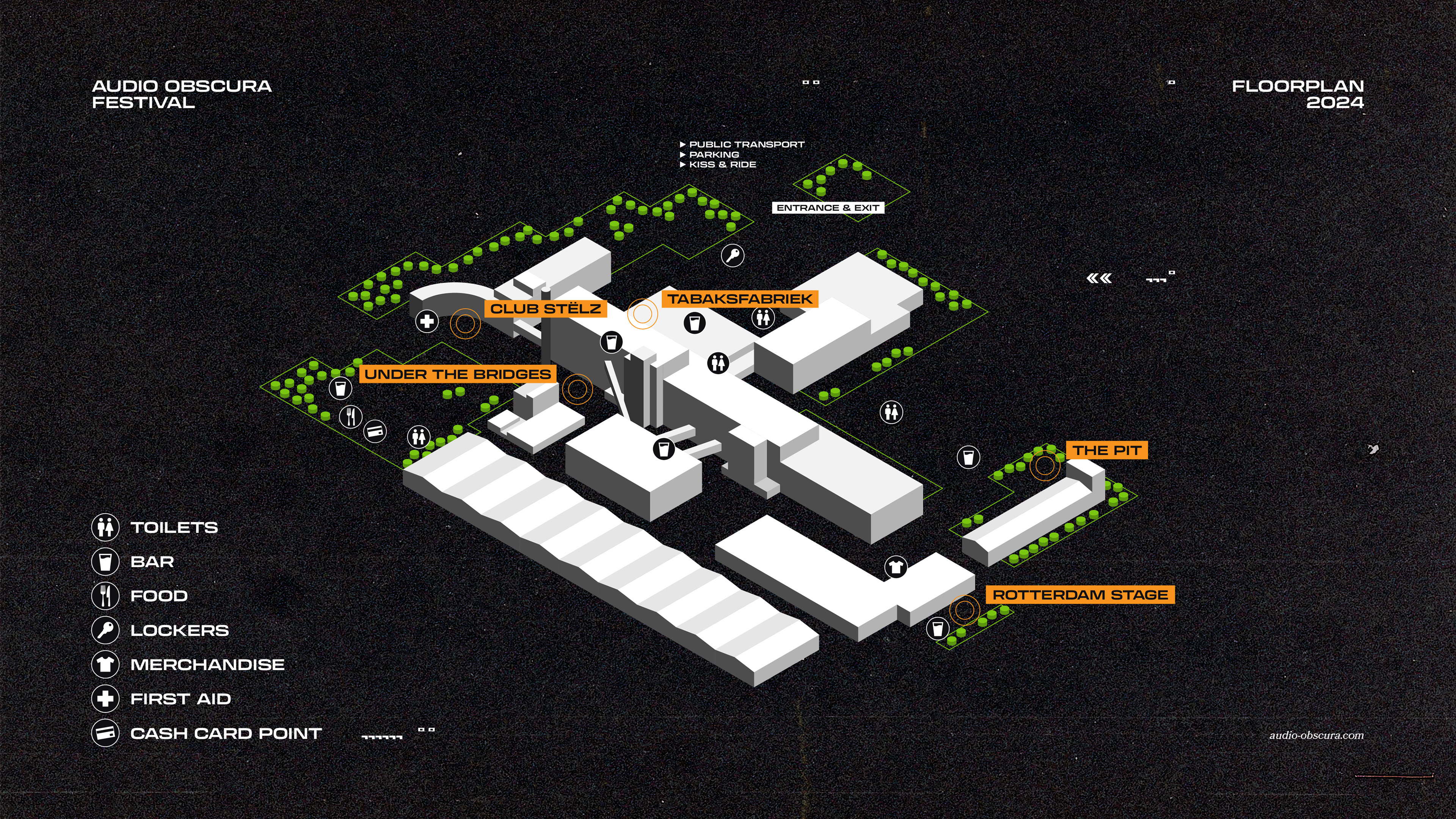 3D isometric view of the Audio Obscura Festival Floorplan 2024, including stages, amenities, and entrances.
