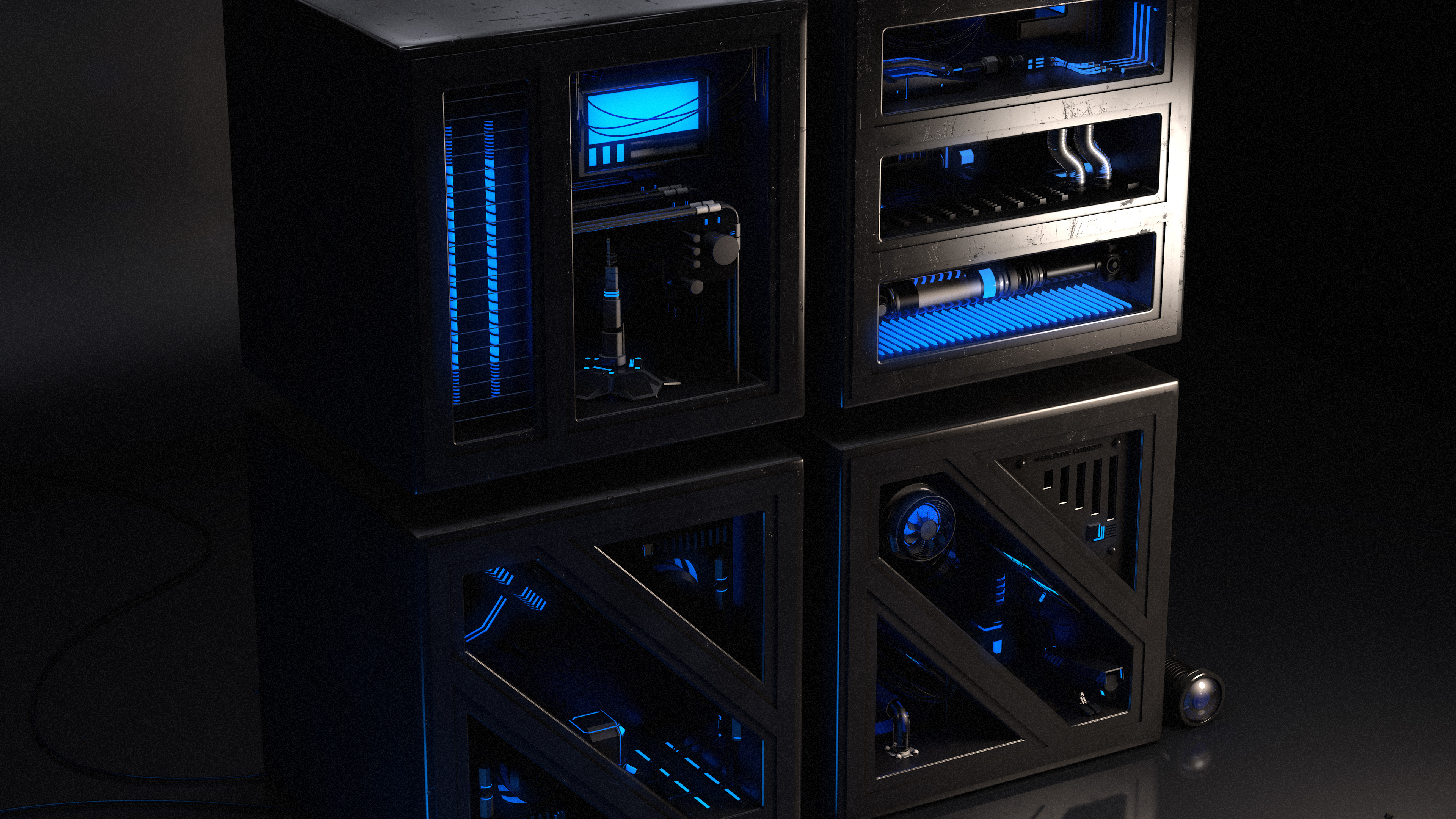 3D logo with futuristic modular tech parts glowing with blue lights.