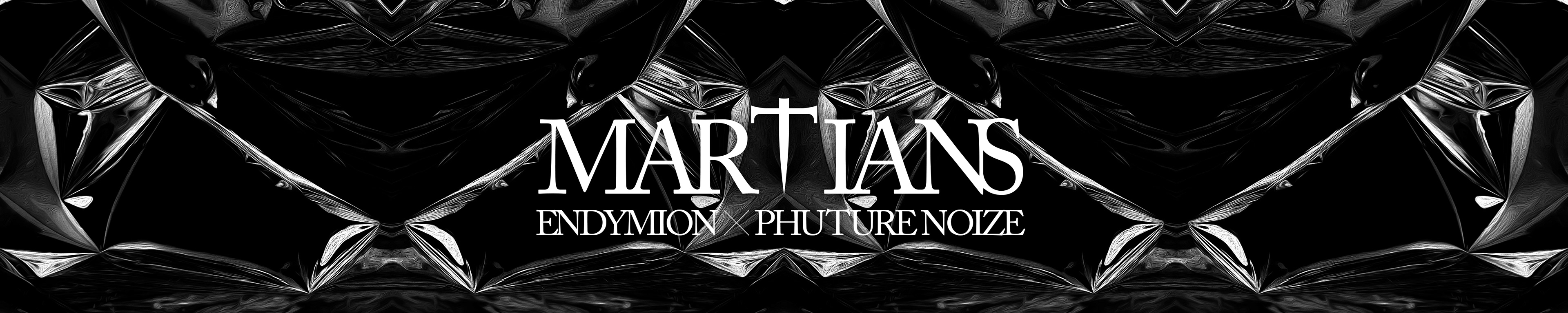 Abstract black and white artwork with stylized text "MARTIANS ENDYMION PHUTURE NOIZE".