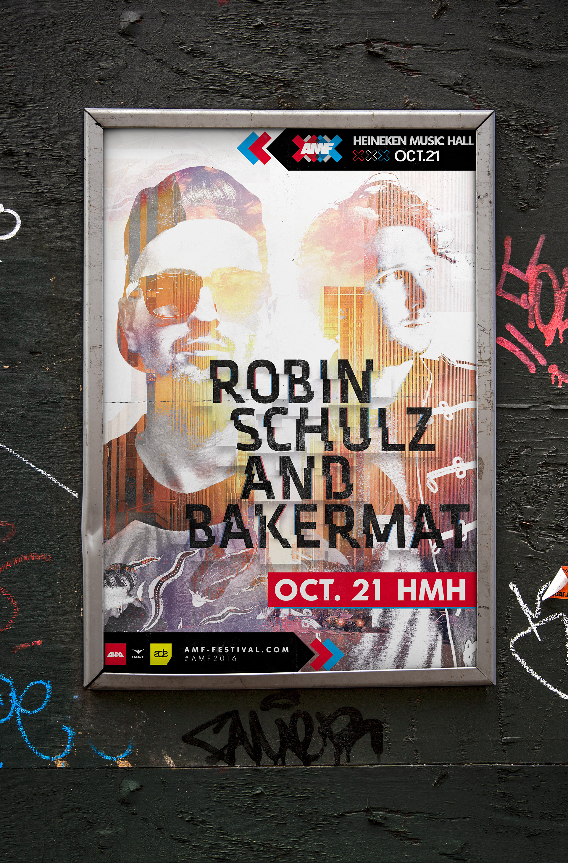 Poster on a wall for a music event featuring Robin Schulz and Bakermat during Amsterdam Dance Event.