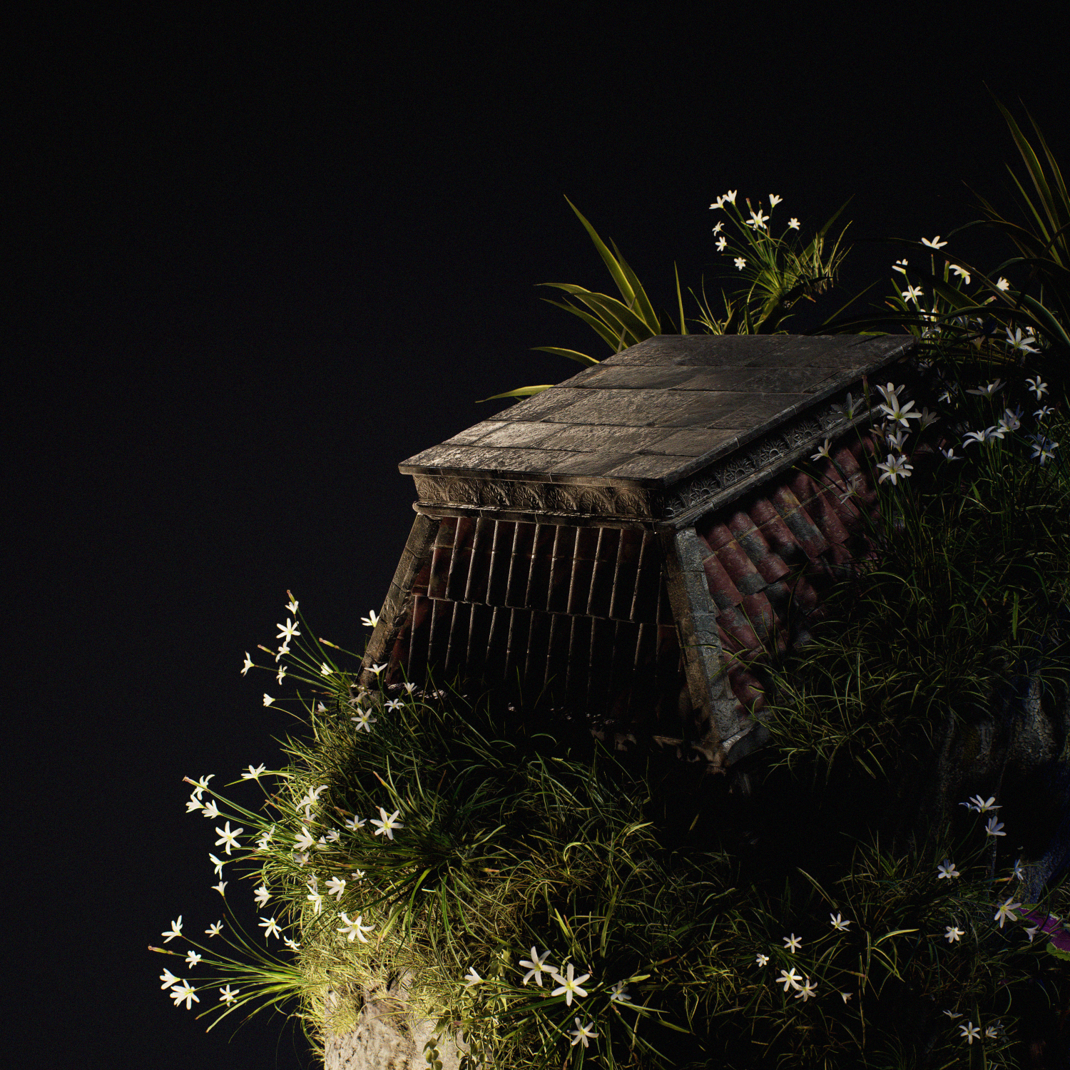 Overgrown ancient house roof with grass and white flowers against a dark background.