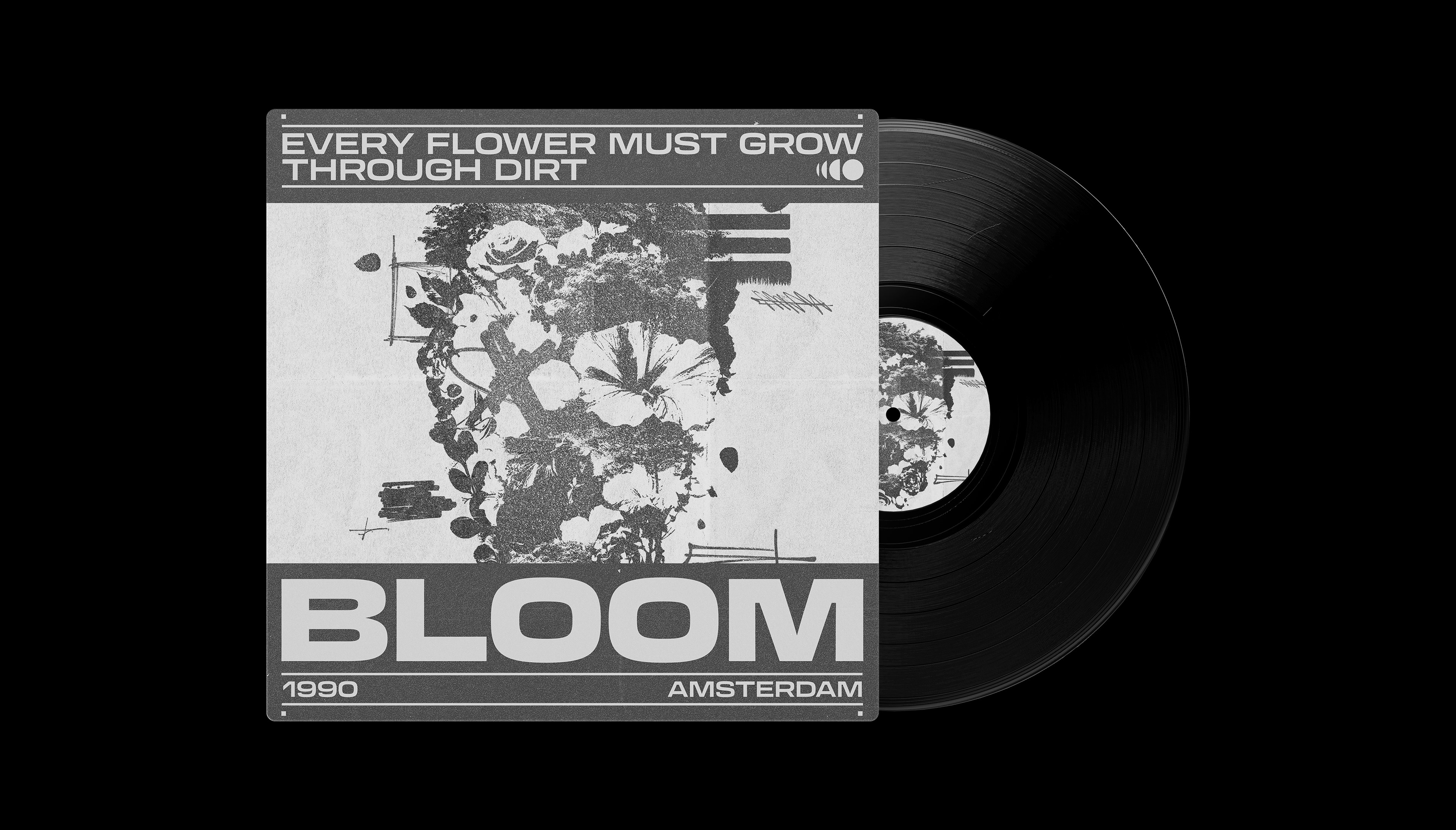 Black vinyl record with a monochrome graphic sleeve that reads “BLOOM" and "AMSTERDAM 1990”.