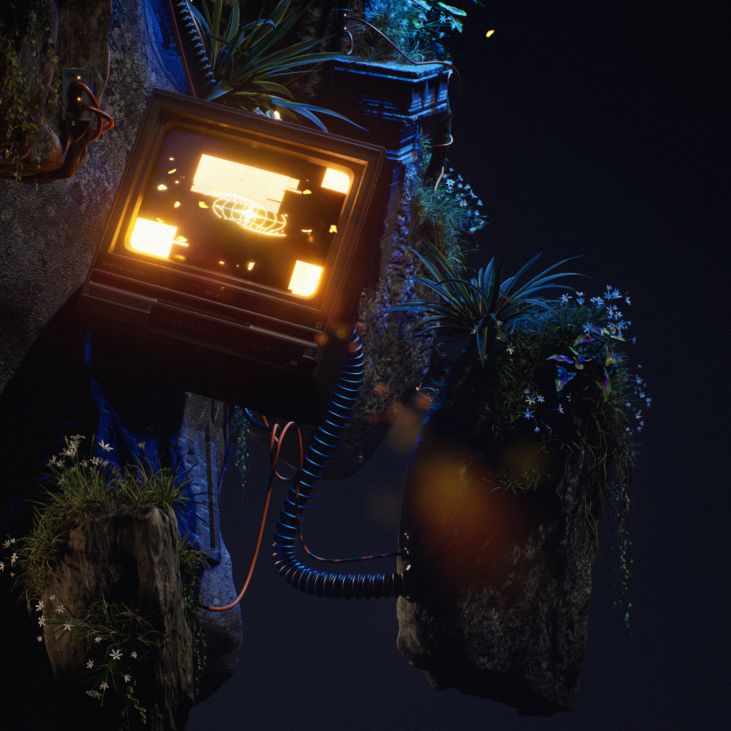 Old TV monitor hanging from a rock with plants, pipes and cables.