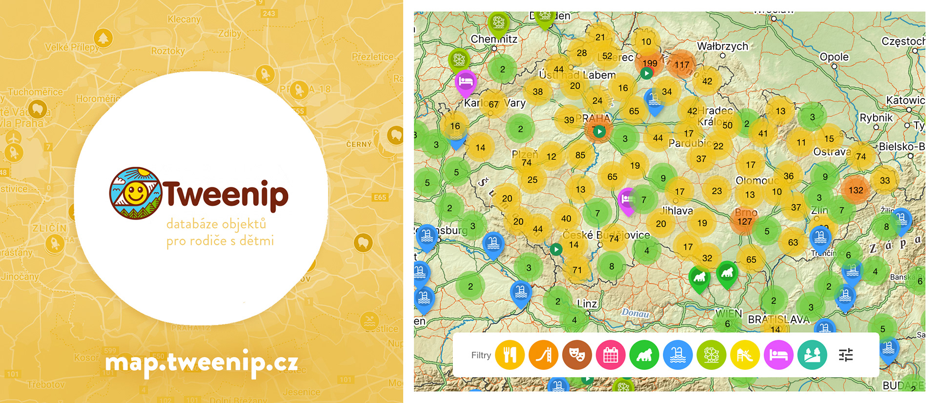 Tweenip databáze objektů pro rodiče s dětmi