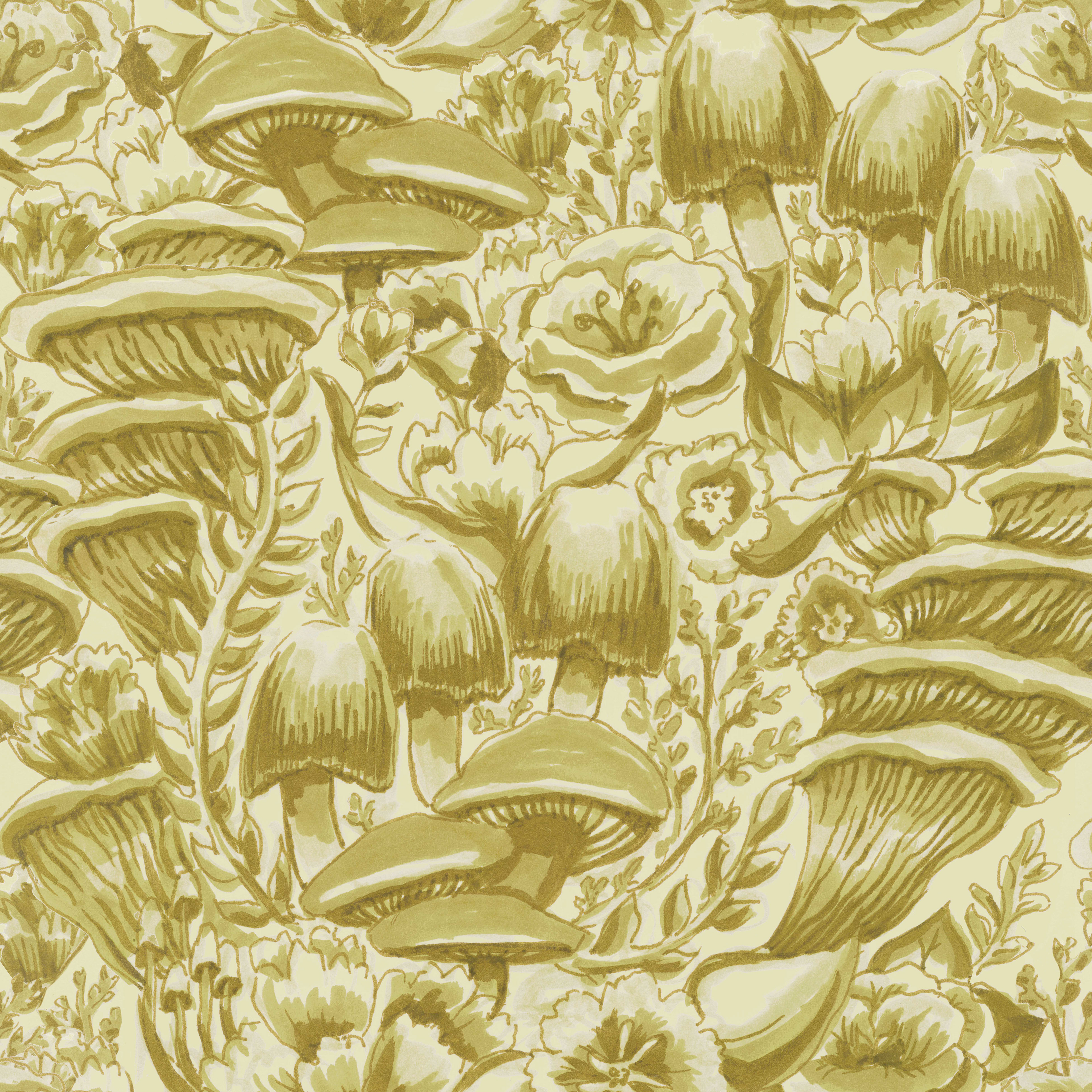 Mushrooms and Flowers in Ochre repeating pattern