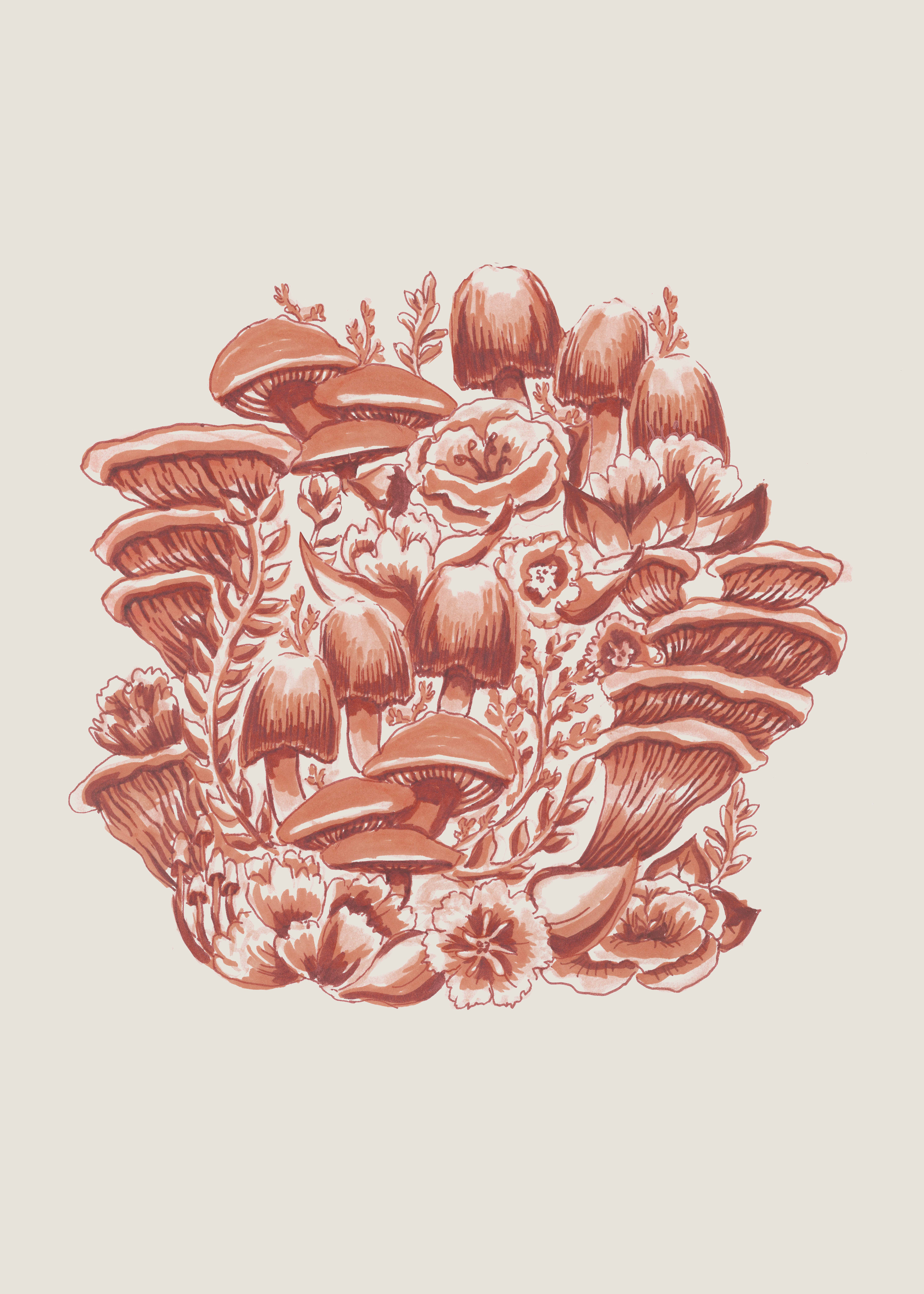 Mushrooms and Flowers in Terracotta Print