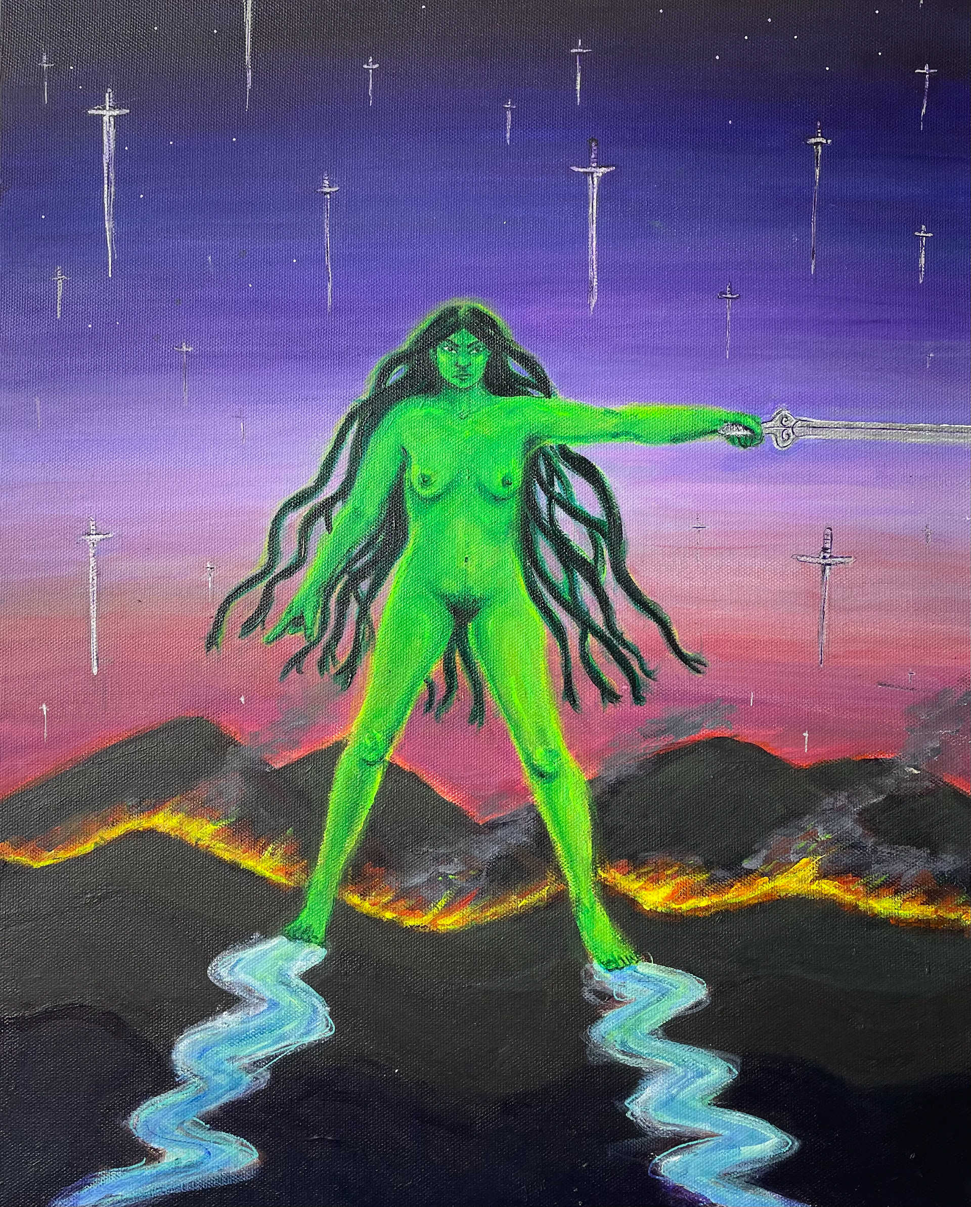 "Goddess Sharpens Her Sword," Acrylic on Canvas.