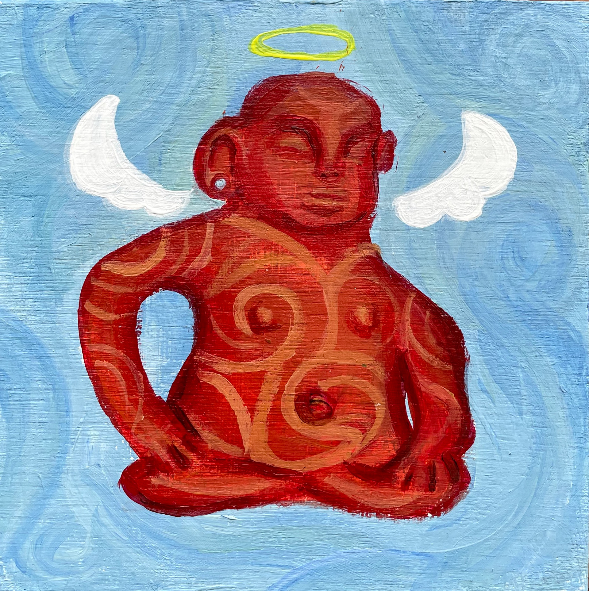 Angelito Series #1, Mississippi Clay Jug, Acrylic on Wood Panel. 