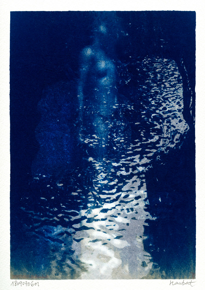 La forme de l'eau. Cyanotype sur papier Wenzhou 35 gr, contrecollé sur Montval A3. Rencontre improbable quand la femme du Lévite (J.J. Henner) rencontre Camilleri.