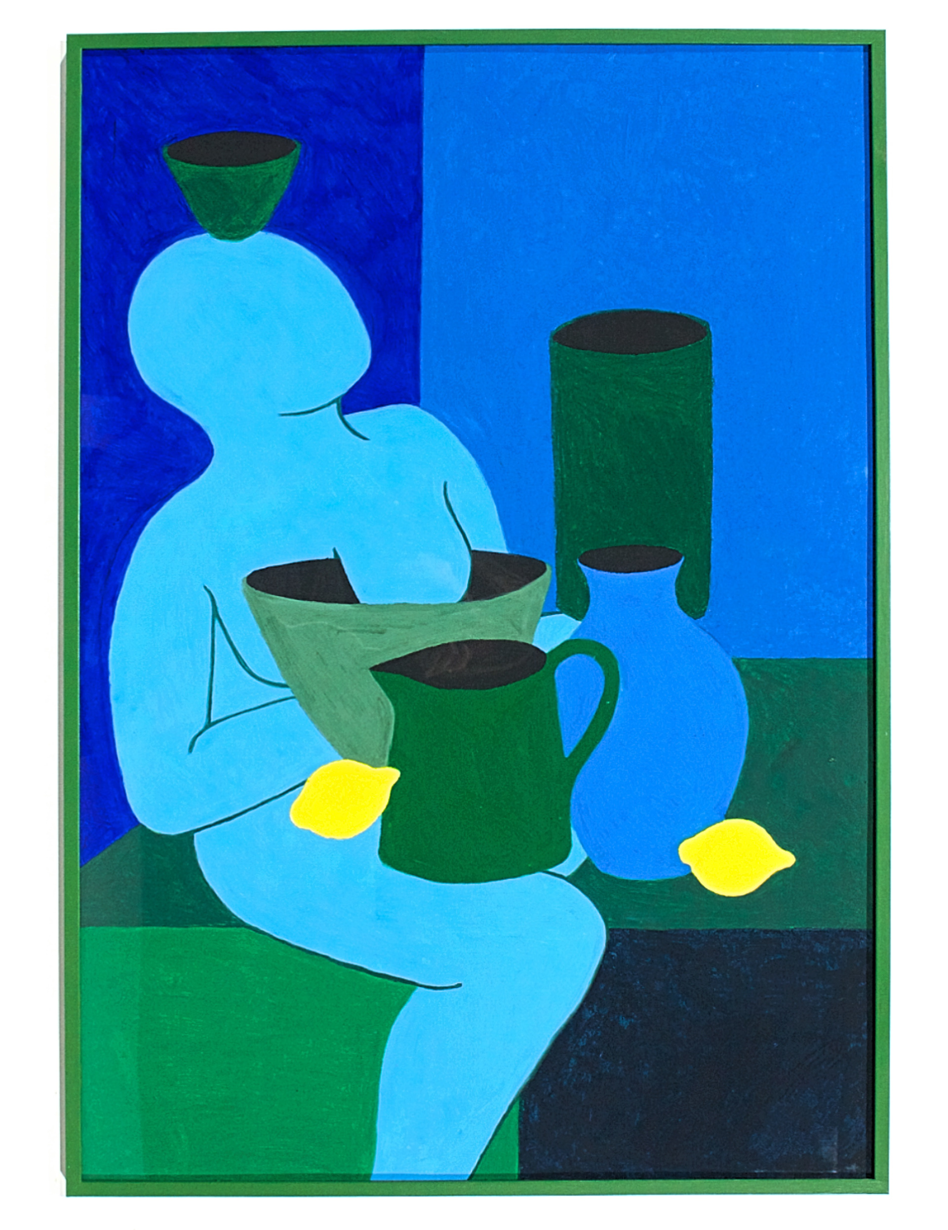 material girl in a material world (blue and green), summer 2022: 4900,- DKK. inkl. ramme. Oliekridt på karton i malet glas ramme, 70 x 100 cm.
