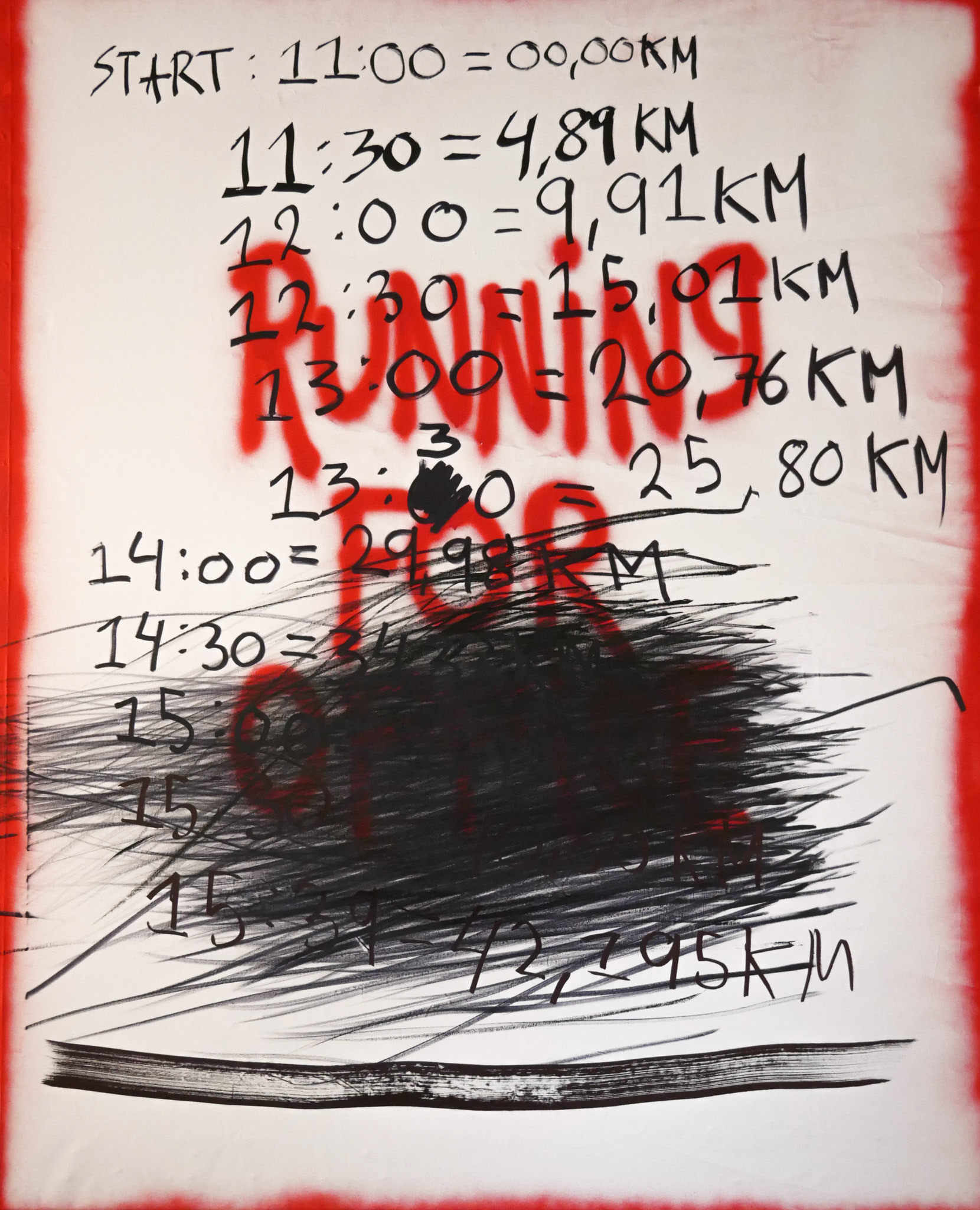 Running for office: 9000 DKK,-. Spray, tusch, marathon on canvas, 130 x 160 cm