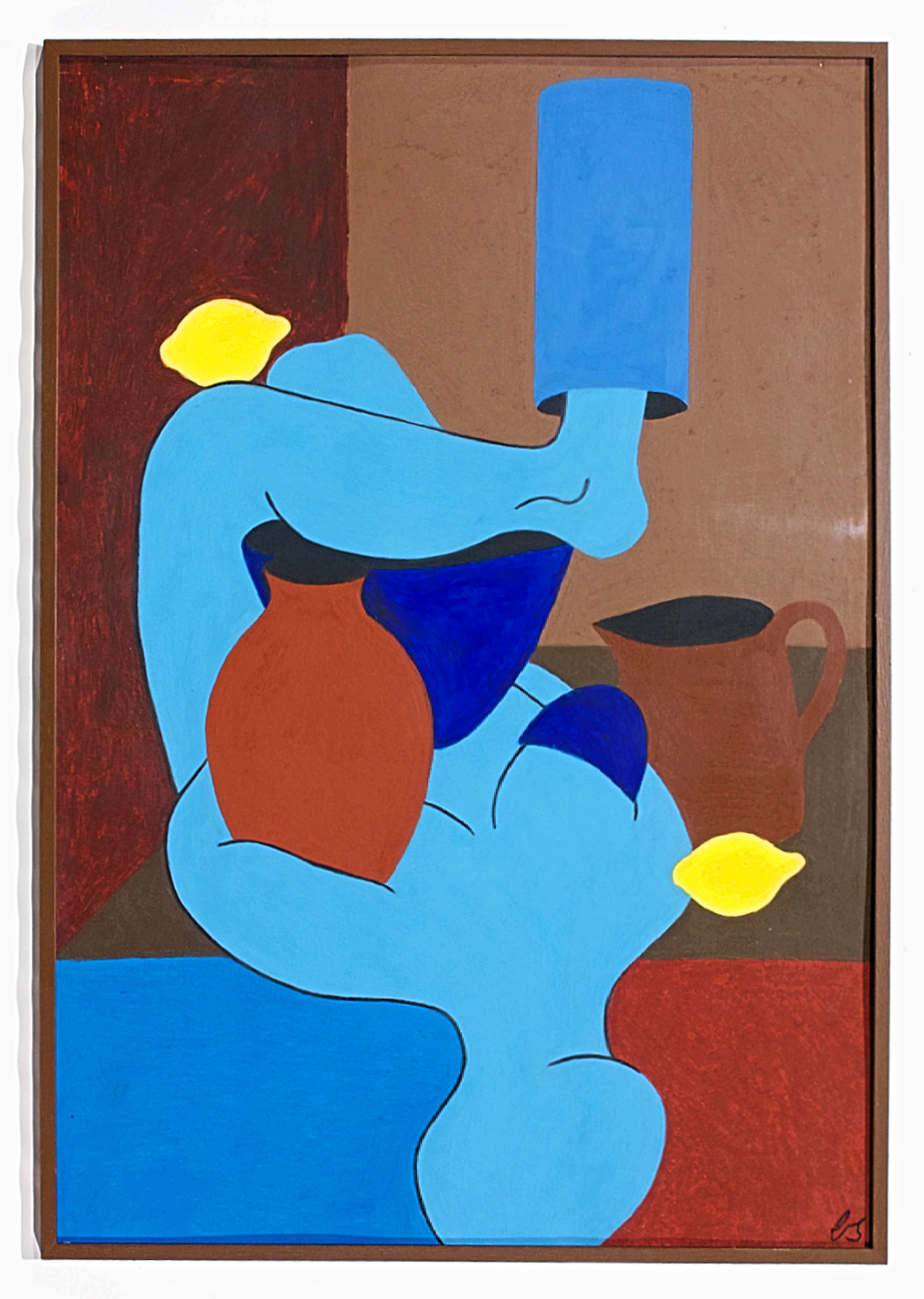 material girl in a material world (blue and brown), summer 2022: 4900,- DKK. ramme. Oliekridt på karton i malet glas ramme, 70 x 100 cm.