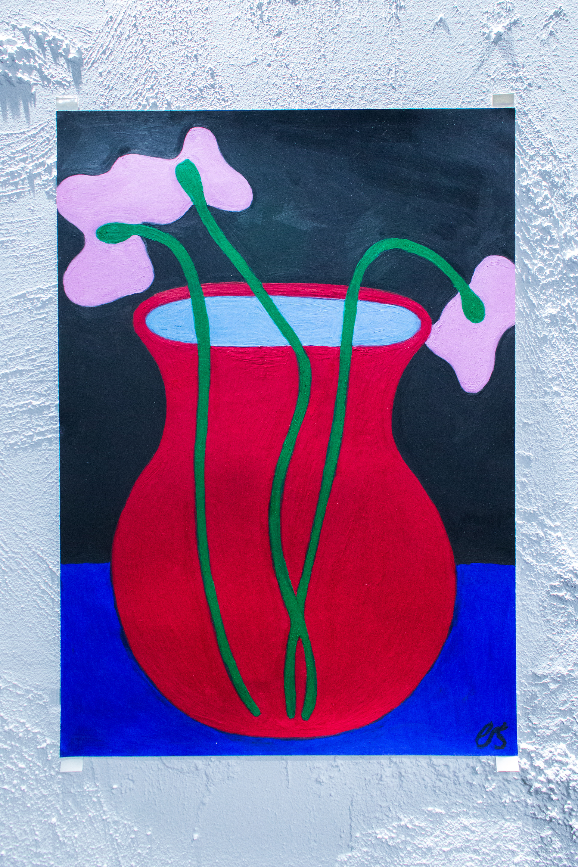 vase (pink flower) oliepastel på 250g papir a2 (42x59,4 cm) 3500.-