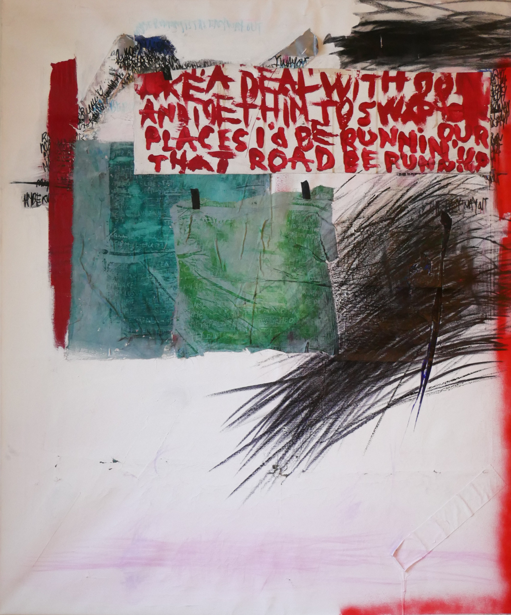 Maybe runnin' is the easy way out: 6500 DKK,-. Acrylic, pen, tape, clips, marathon on canvas, 100 x 120 cm