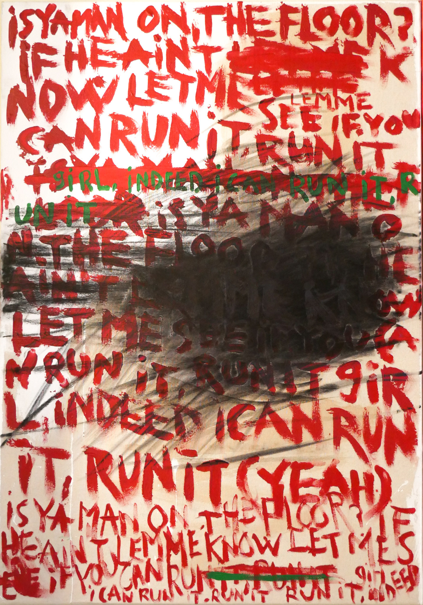Run it: 4500 DKK,-. Acrylic, charcoal, marathon on canvas, 70 x 100 cm