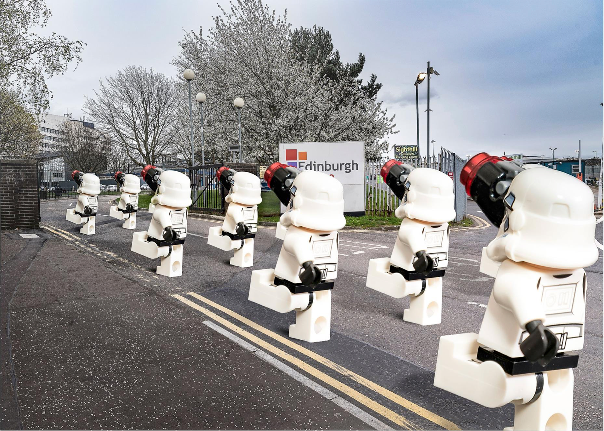 Composite photo of Lego Star Wars Stormtroopers entering Edinburgh College