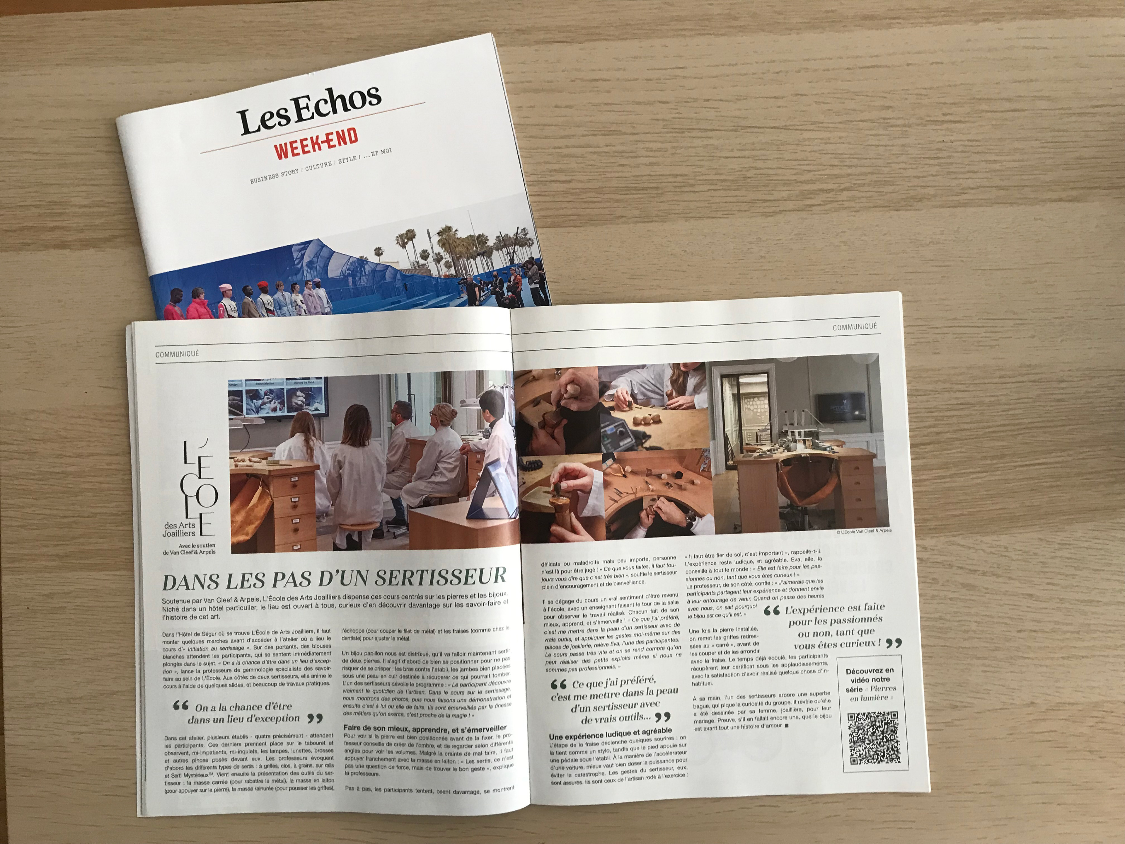 Les Echos Week-end : double page L'École des Arts Joailliers