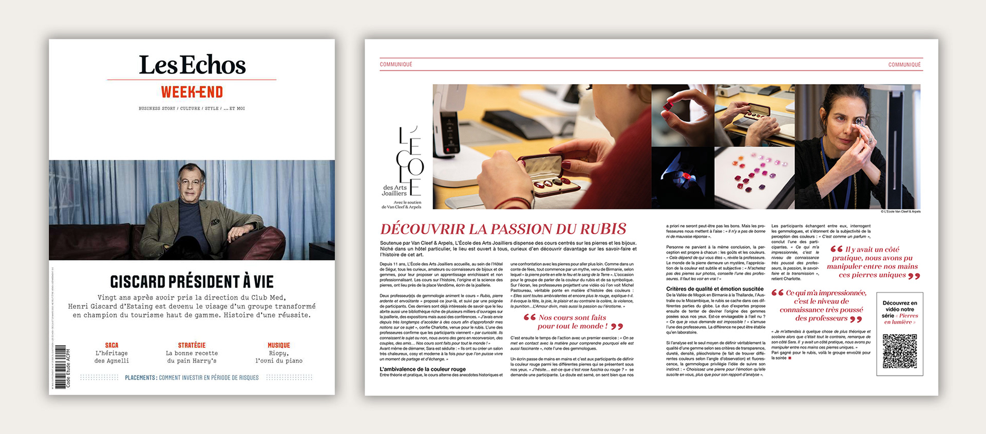 Les Echos Week-end : double page L'École des Arts Joailliers