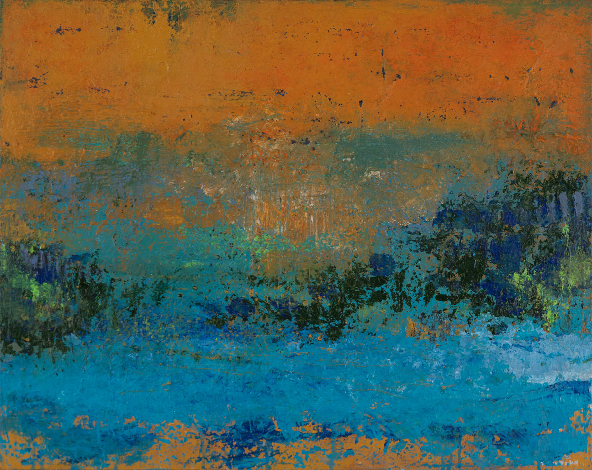 Whispers of the sea IV ARTWORK DETAILS Acrylic on Canvas Artwork on supported wooden frame. Ready to hang. Framing on request. 61x76cm ABOUT THIS ARTWORK This vibrant abstract painting, inspired by the oceans surrounding Canada, combines vivid turquoise, deep blue, and warm orange tones to evoke the beauty and energy of the natural world. Thick acrylic layers and textured brushstrokes create depth and movement, reflecting the rhythm of waves under a glowing horizon. Part of the Canadian Horizons series, this artwork conveys the artist’s deep connection to nature and invites viewers to share in its sense of joy and serenity. With its dynamic composition and tranquilizing colors, "Whispers of the Sea IV" makes a striking decorative statement for any home or office, bringing warmth, energy, and elegance to its surroundings.