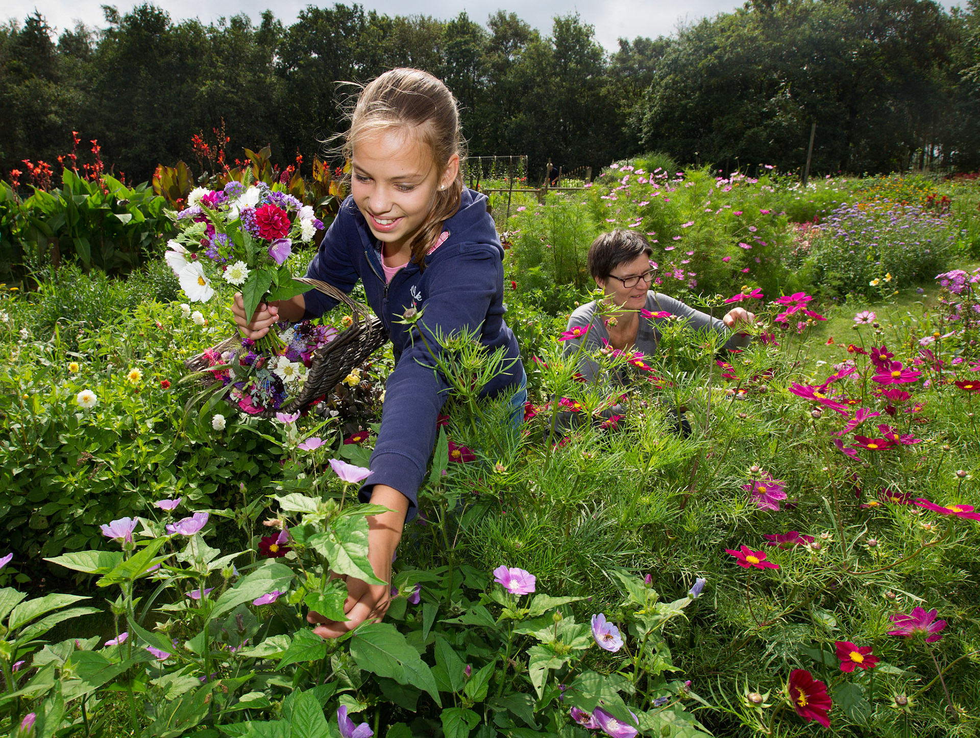 Noor Lijke ma plukt met haar moeder Noor bloemen in niet nader te noemen pluktuin.