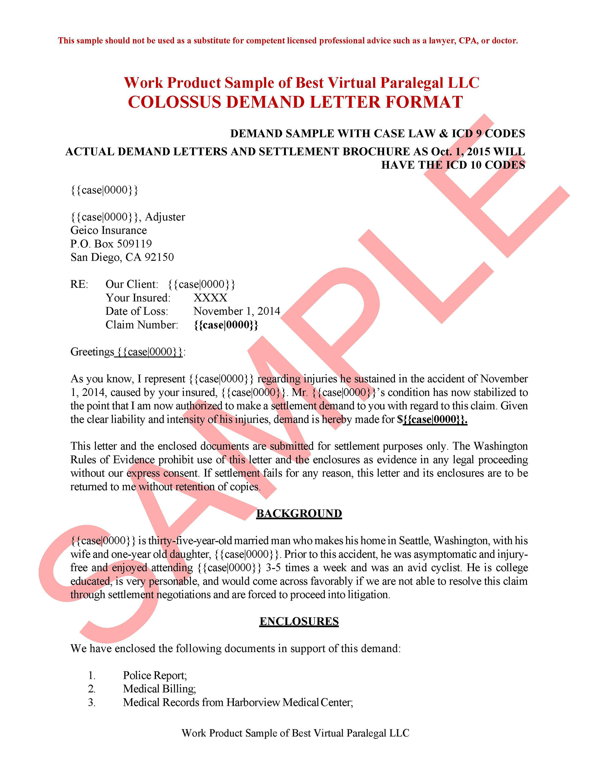 Washington State Case LawCOLOSSUS DEMAND LETTER FORMAT - with sample redactions Copyright 2013 Best Virtual Paralegal LLC Last revised 2015