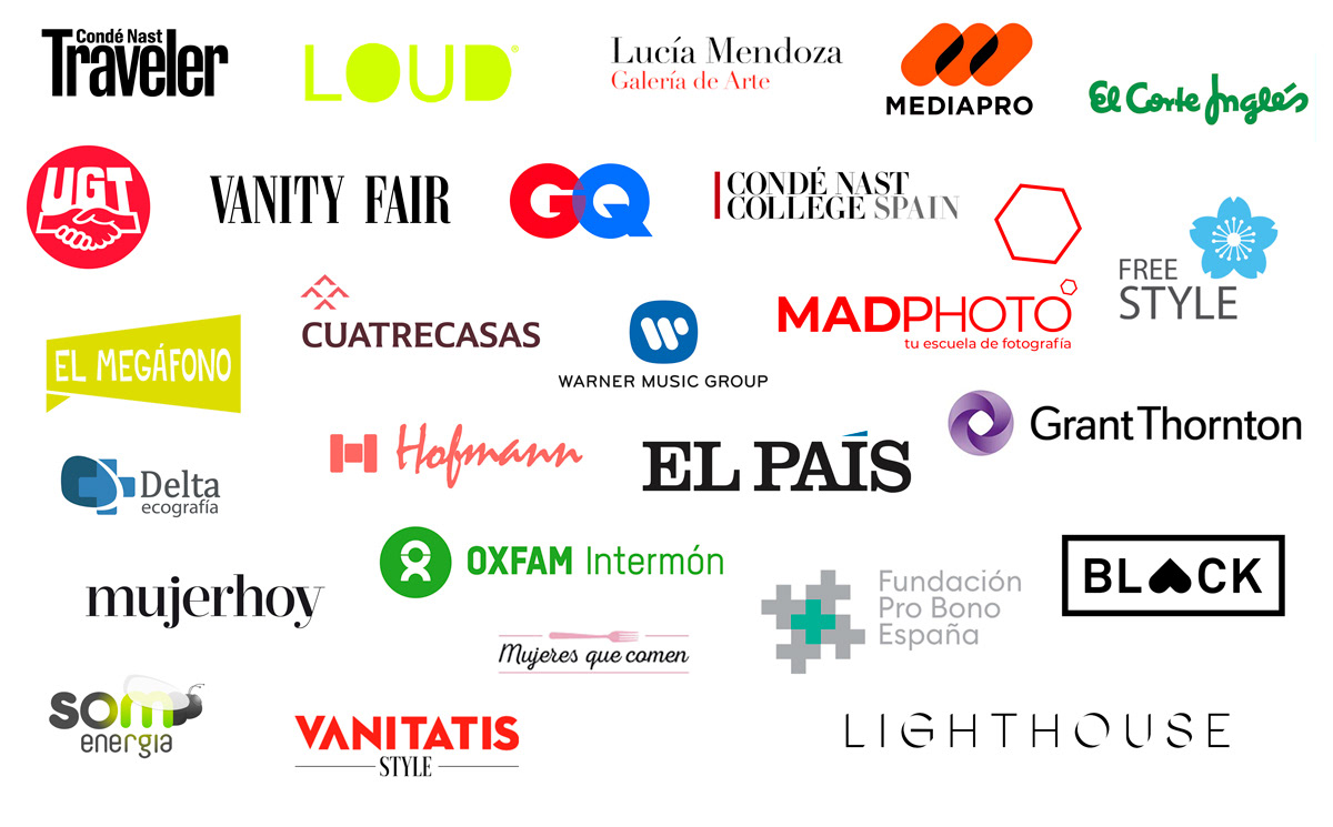 Condé Nast, Traveler, Loud, lucía mendoza, mediapro, el corte inglés, UGT, Vanity Fair, GQ, Condé Nast College, FreeStyle, Madphoto, Warner, Cuatrecasas, El Megáfono, Delta Ecografía, Hofmann, El País, Grant Thornton, Mujerhoy, Oxfam Intermón, Fundación Pro Bono, Black Heart, Som Energia, Vanitatis, Mujeres que comen, Lighthouse, Photolks, Vento Prod
