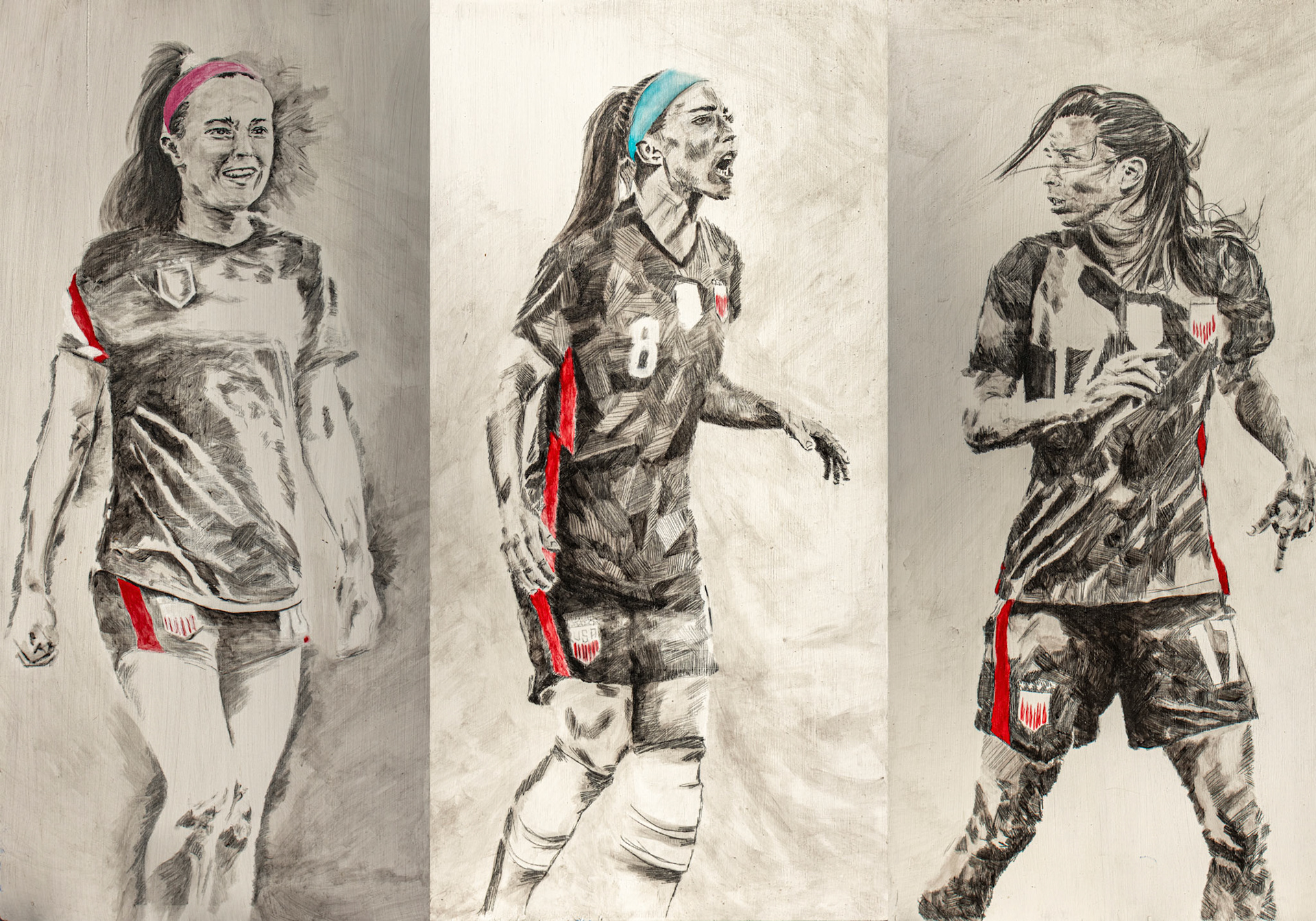 untitled triptych, acrylic paint and carbon paper on wood, 24 x 36 inches