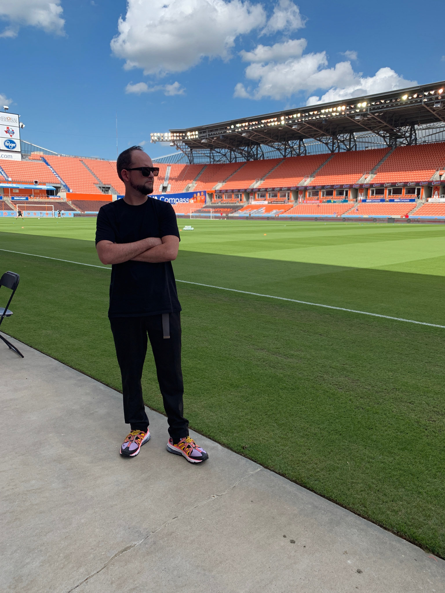 Robert Self before delivering the game ball for an NWSL match in Houston, Texas.