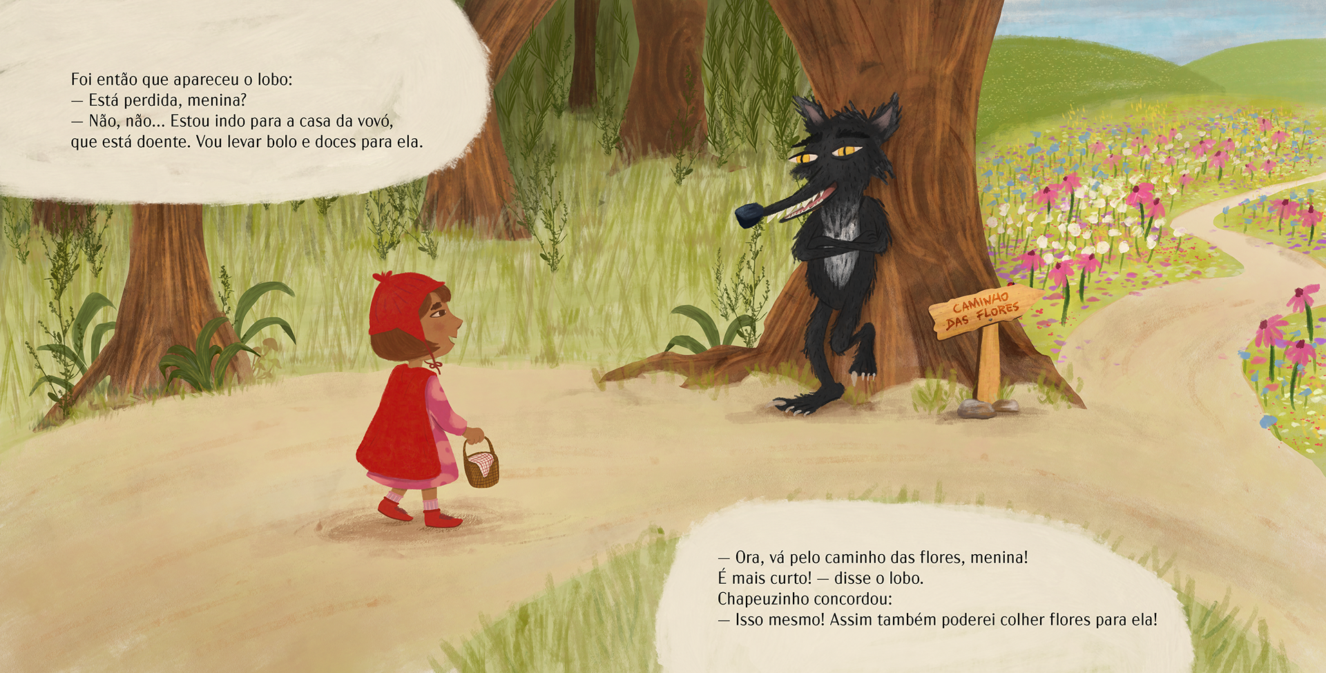 Arte de página dupla para história da Chapeuzinho Vermelho - projeto feito para concurso