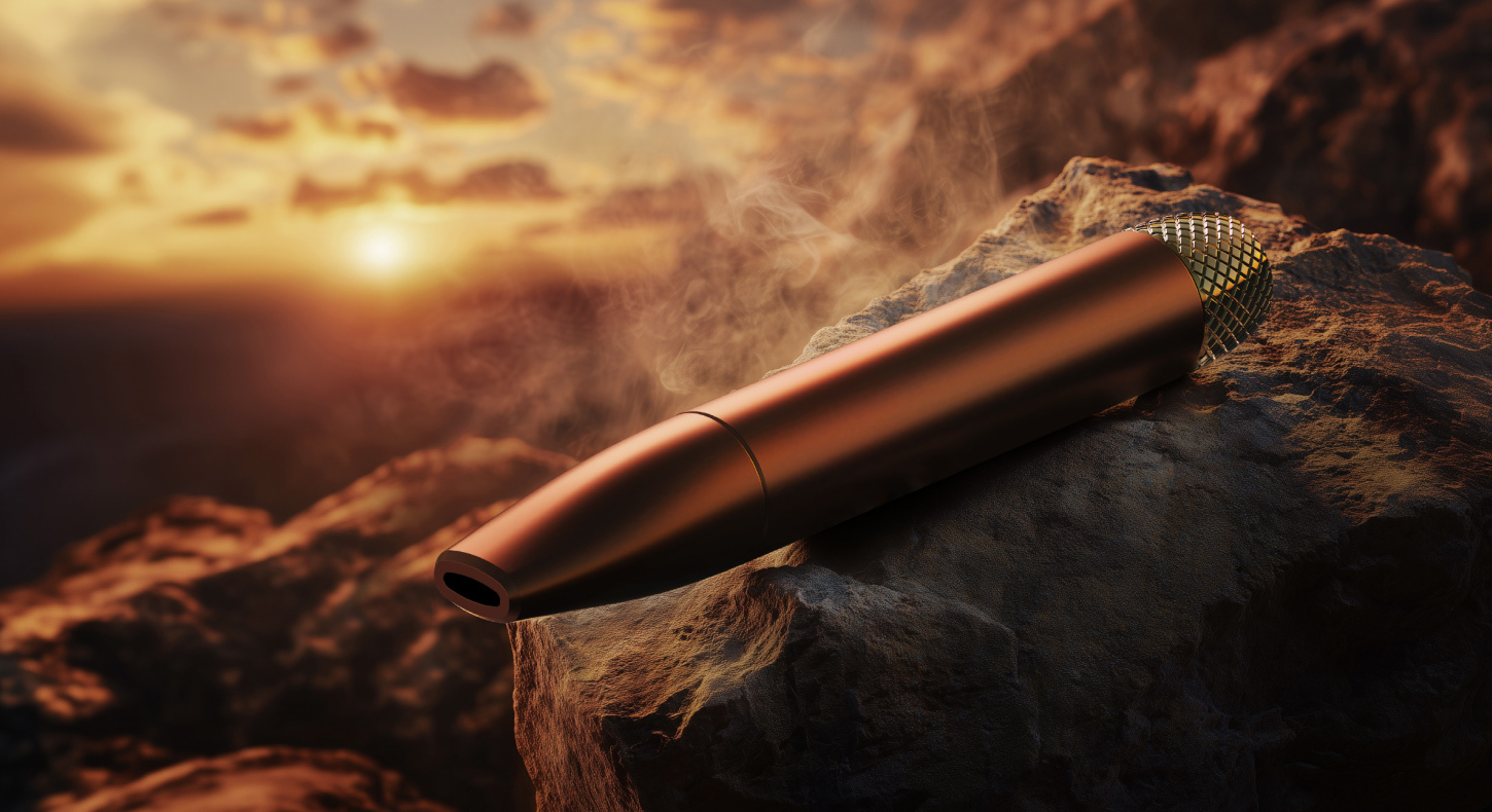 3D visualization of copper and brass device in a mountain sunset setting
