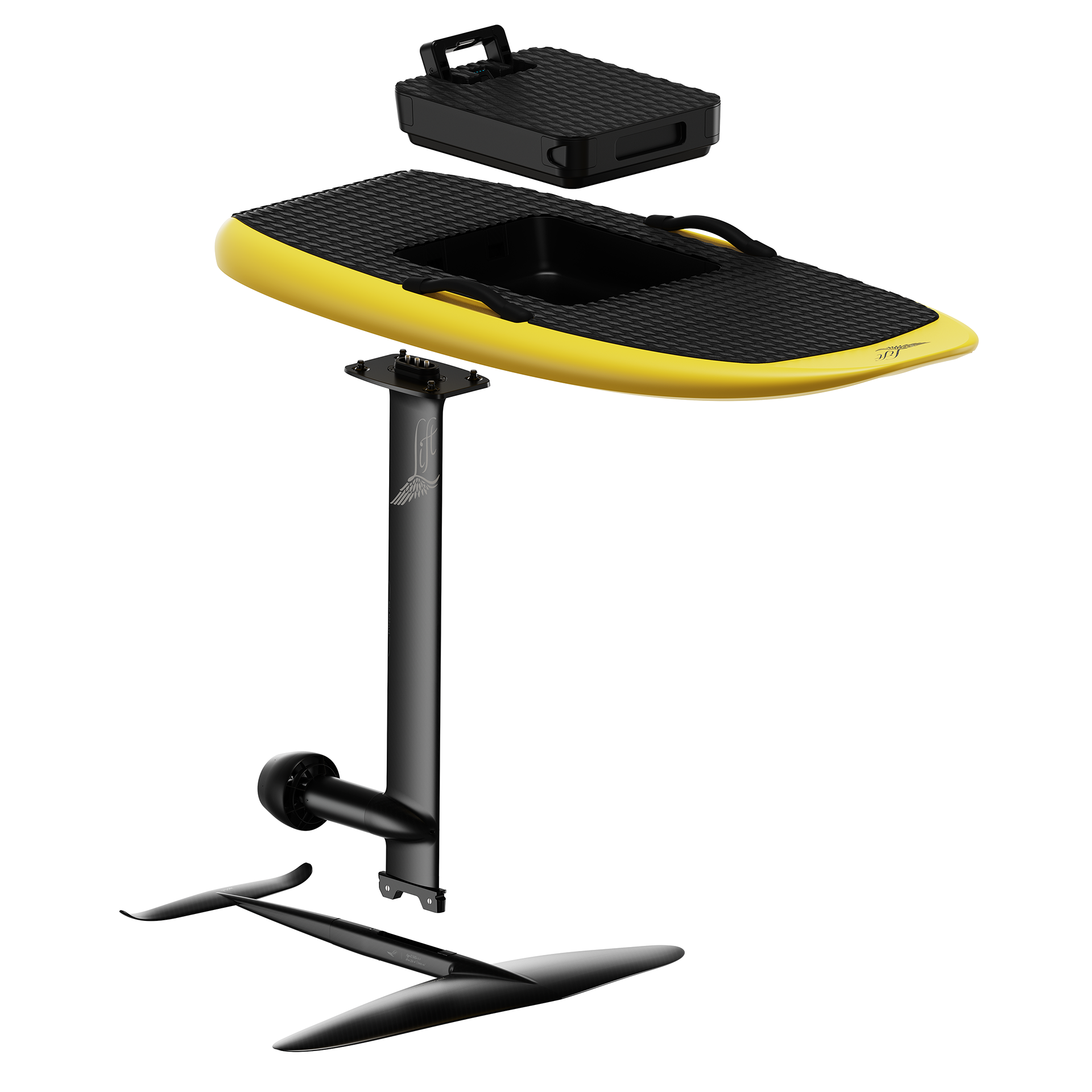 3D visualization of exploded view of e-foil showing complex parts and battery