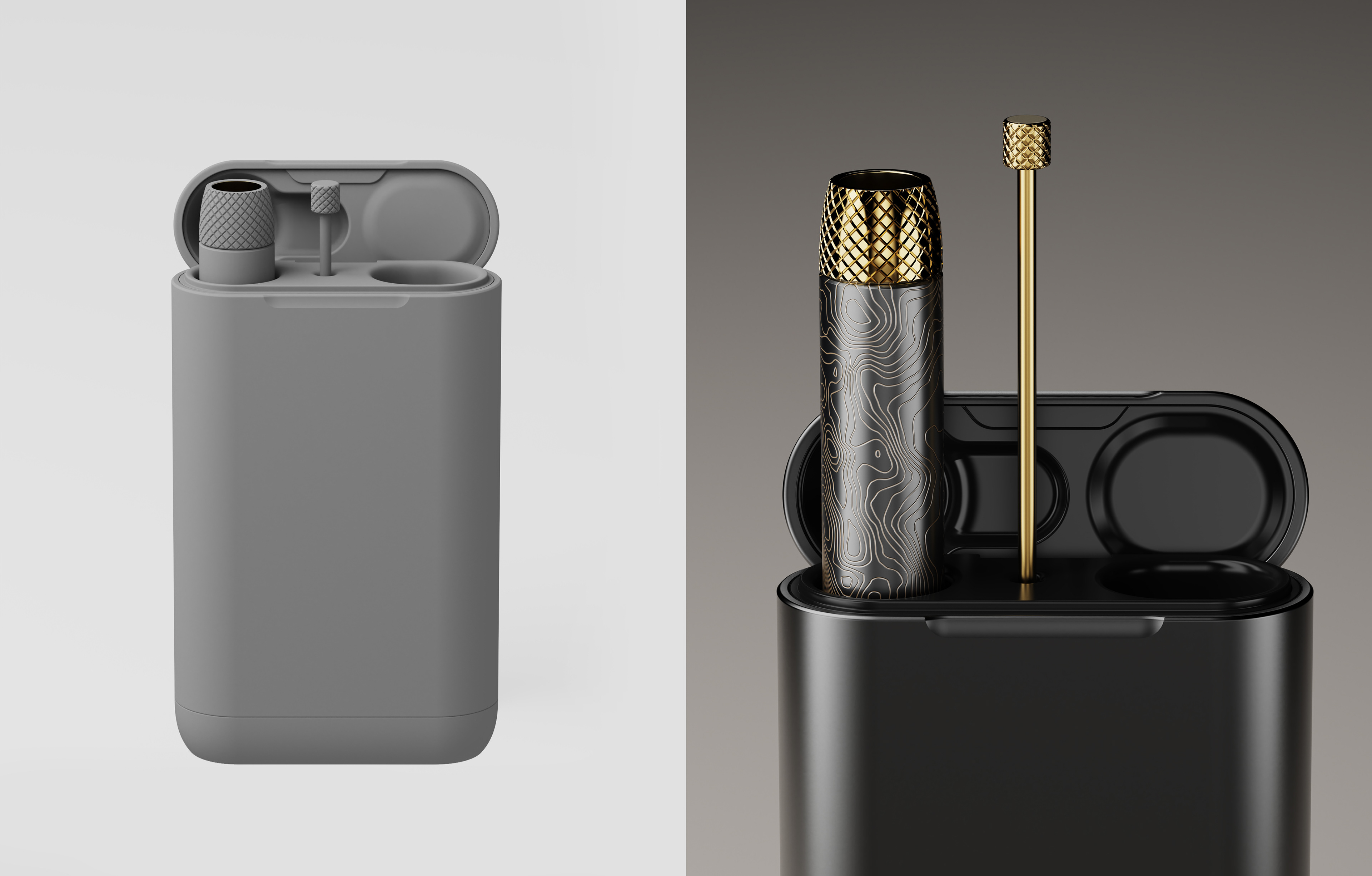 3D visualization of a comparison of original cad file and final rendering of gunmetal and brass case