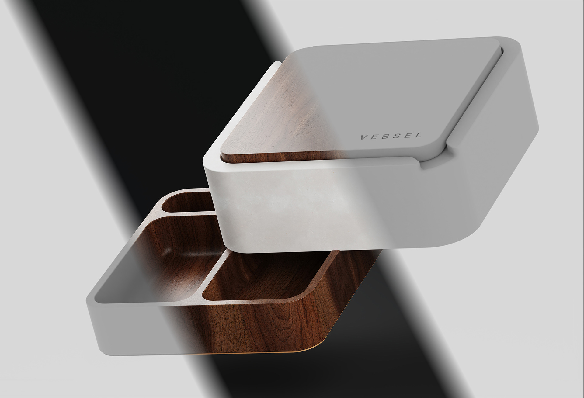 3D visualization of a comparison of original cad file and final rendering of concrete and wood case