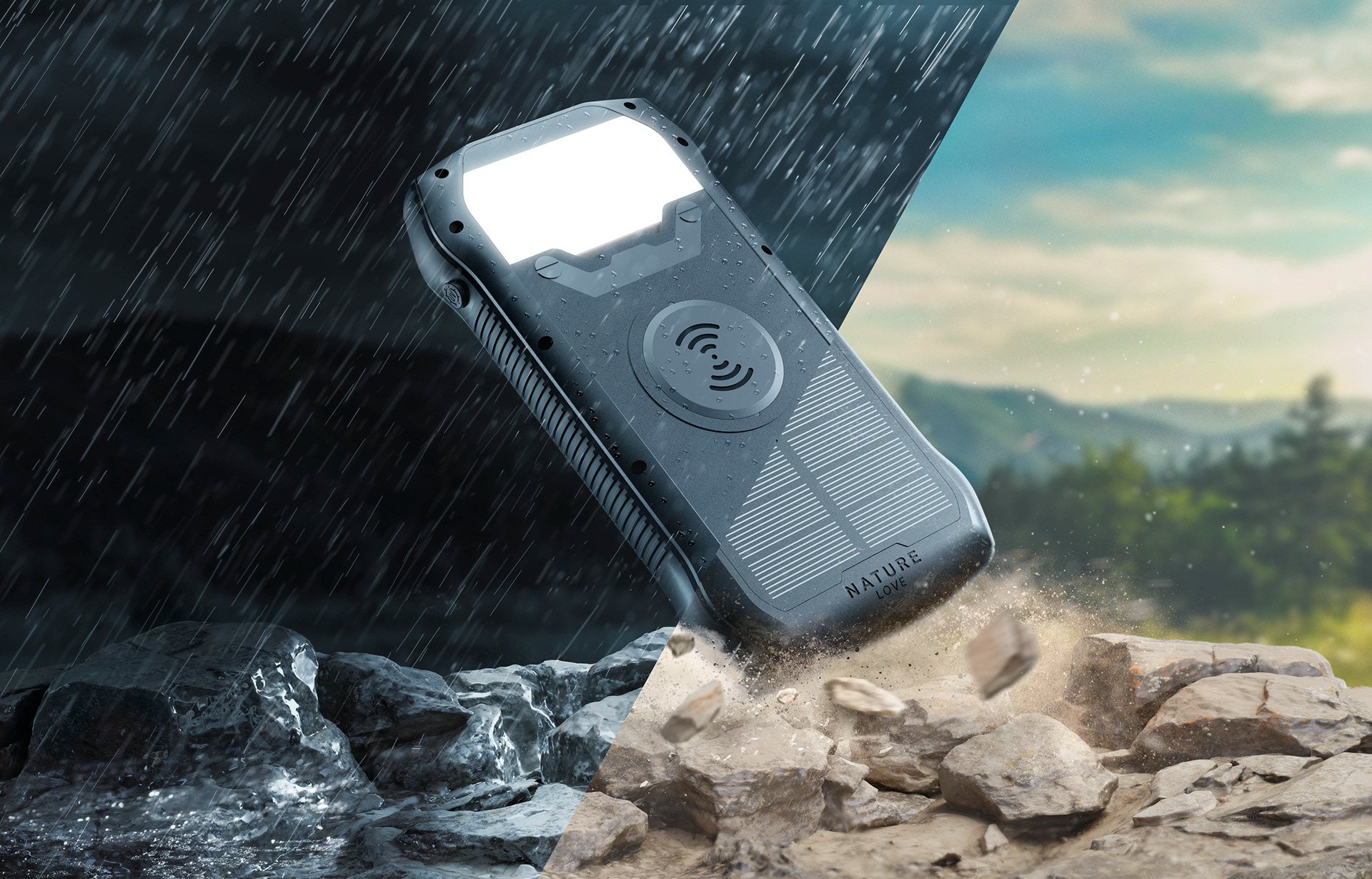 3D visualization of waterproof battery showing element exposure