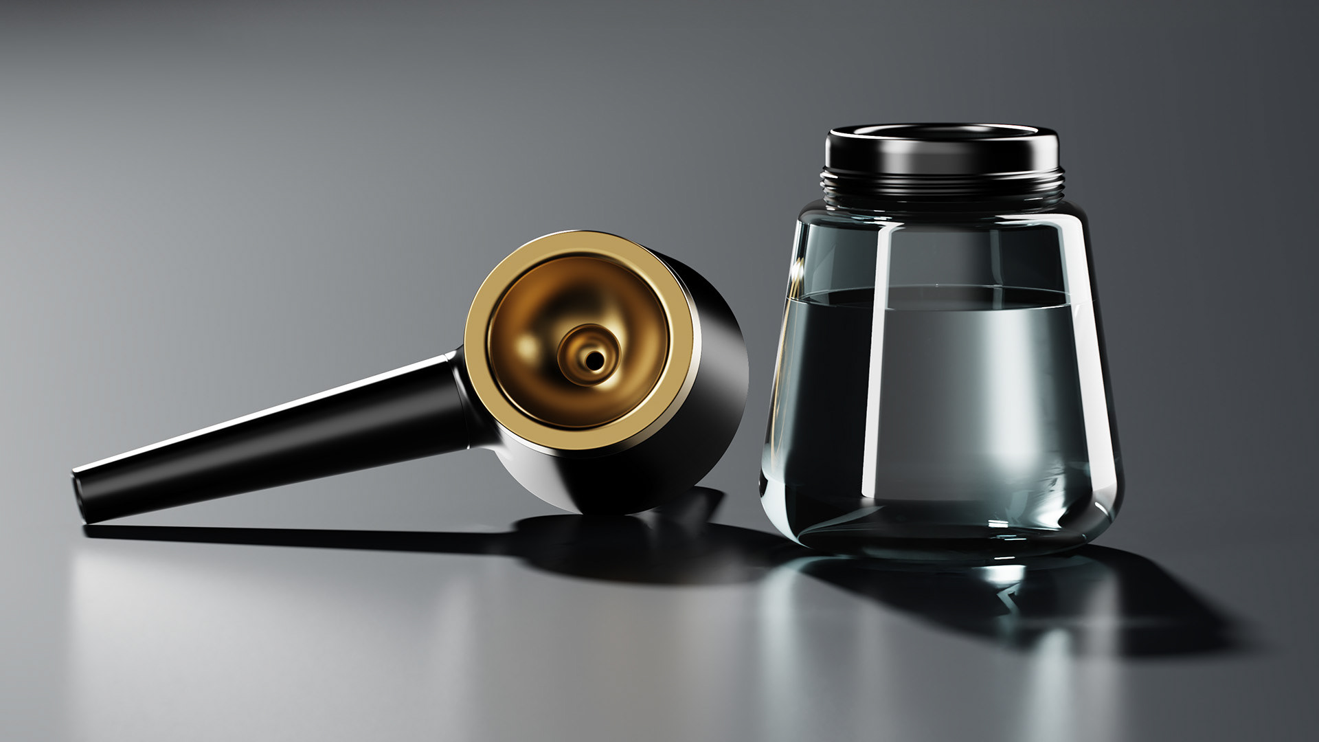 3D visualization of complex brass and glass product showing lighting and caustics