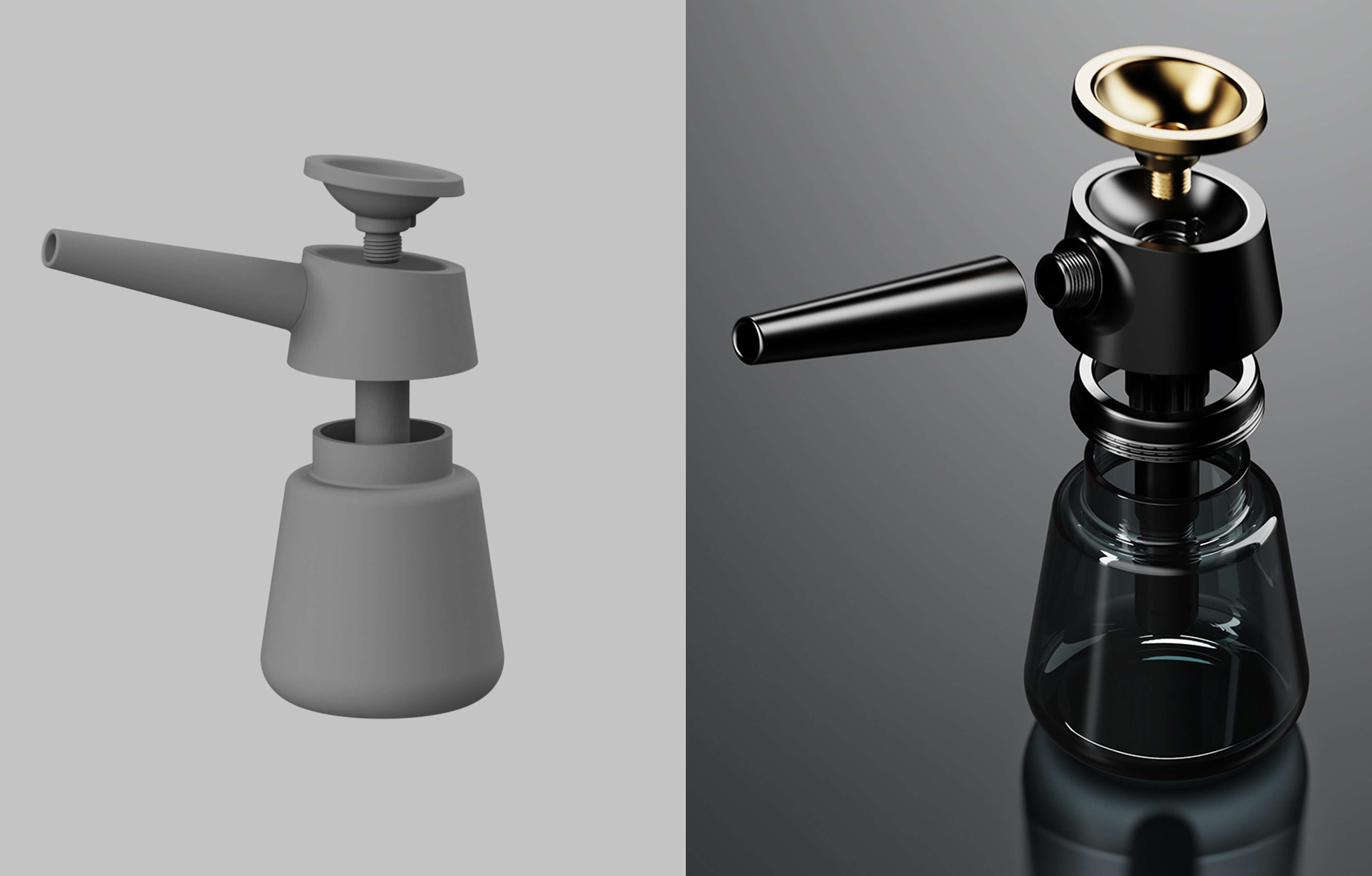 3D visualization of a comparison of original cad file and final rendering of glass and brass product