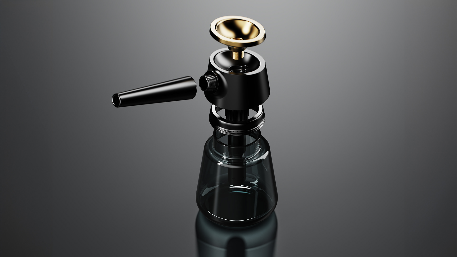 3D visualization of exploded assembly of glass and brass device