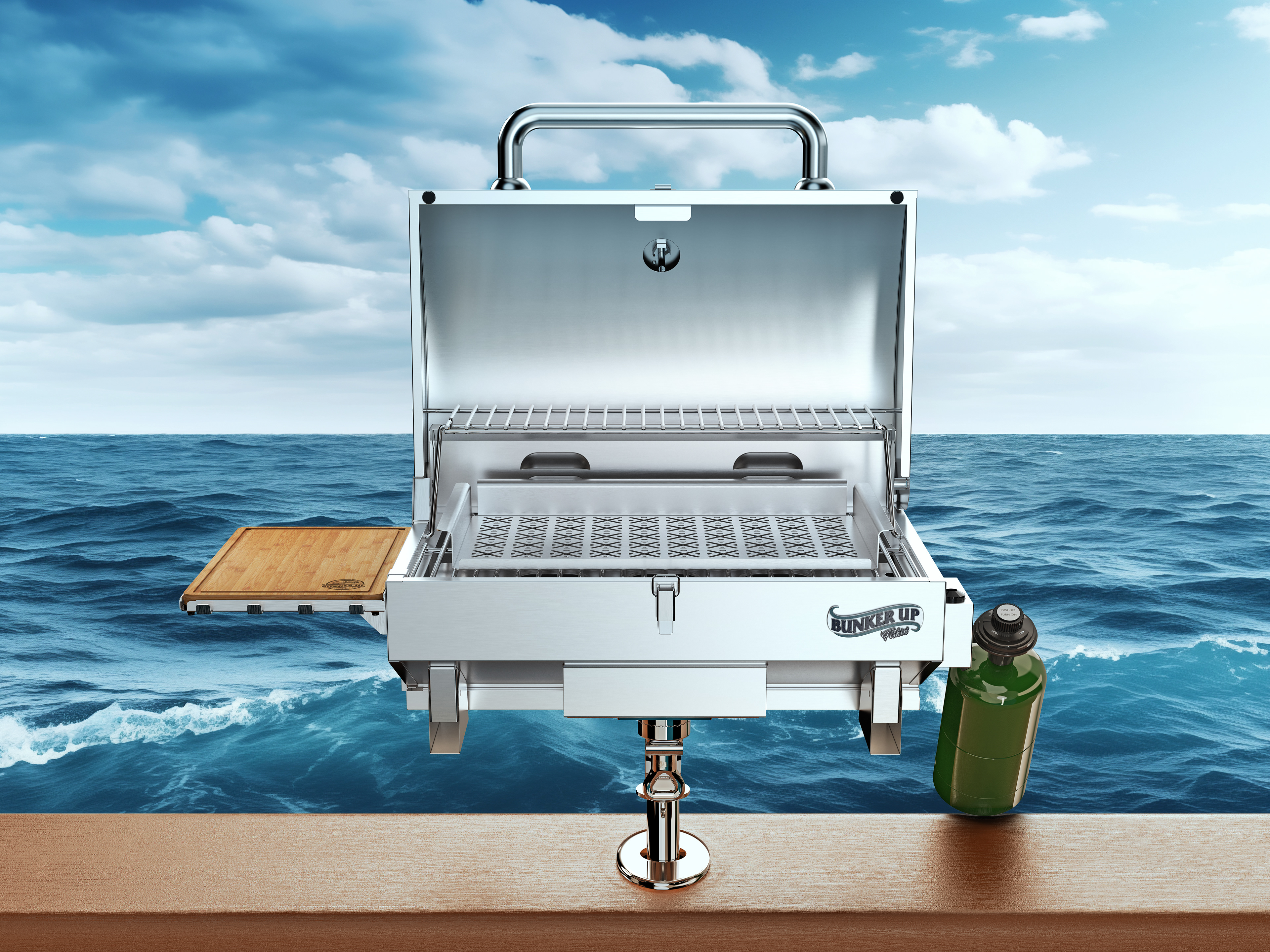 3D visualization of aluminum barbeque mounted to a boat in an ocean environment