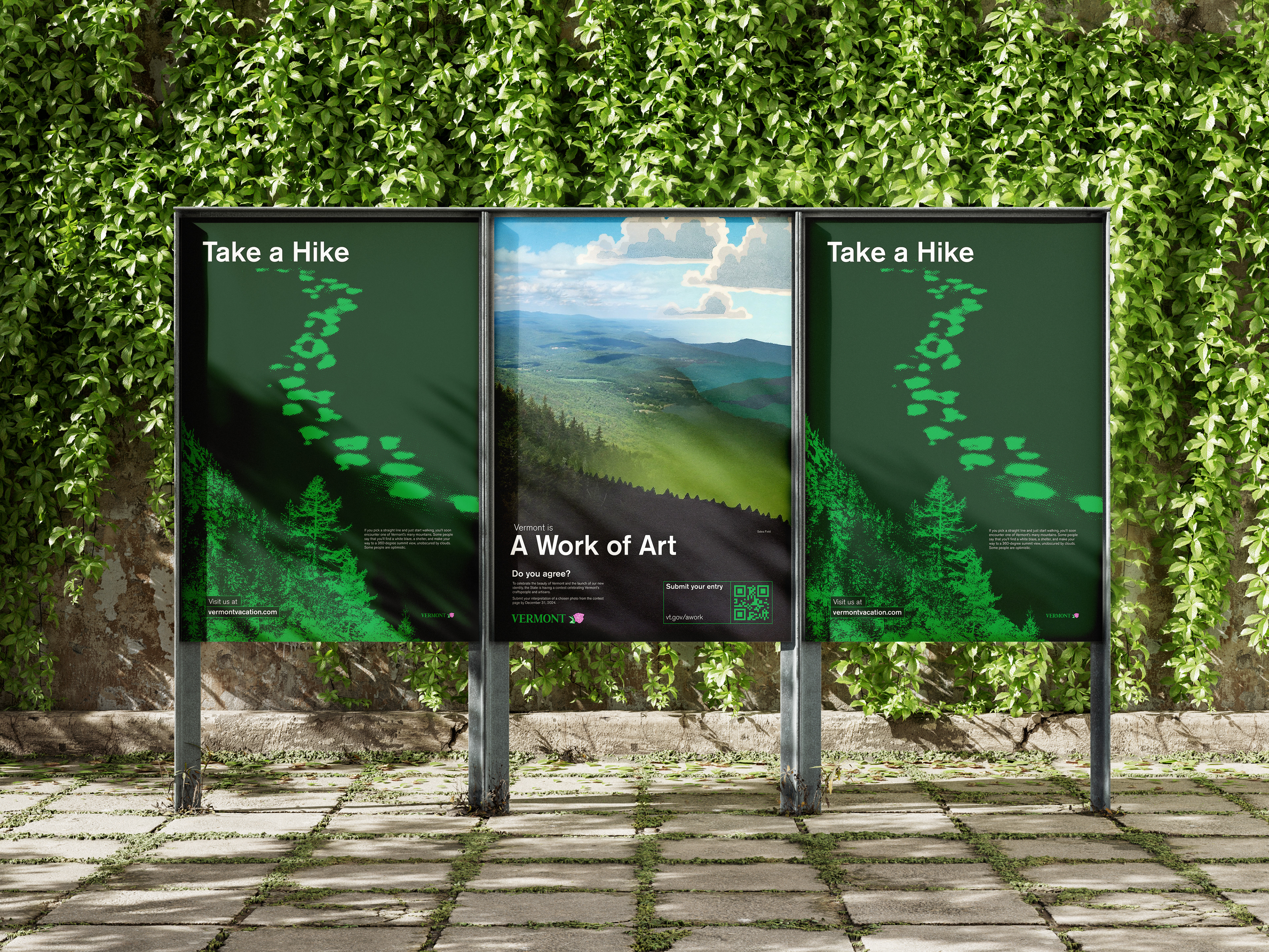 Two posters, one advertising Vermont State Parks, and one promoting a proposed campaign for the new Vermont brand launch.