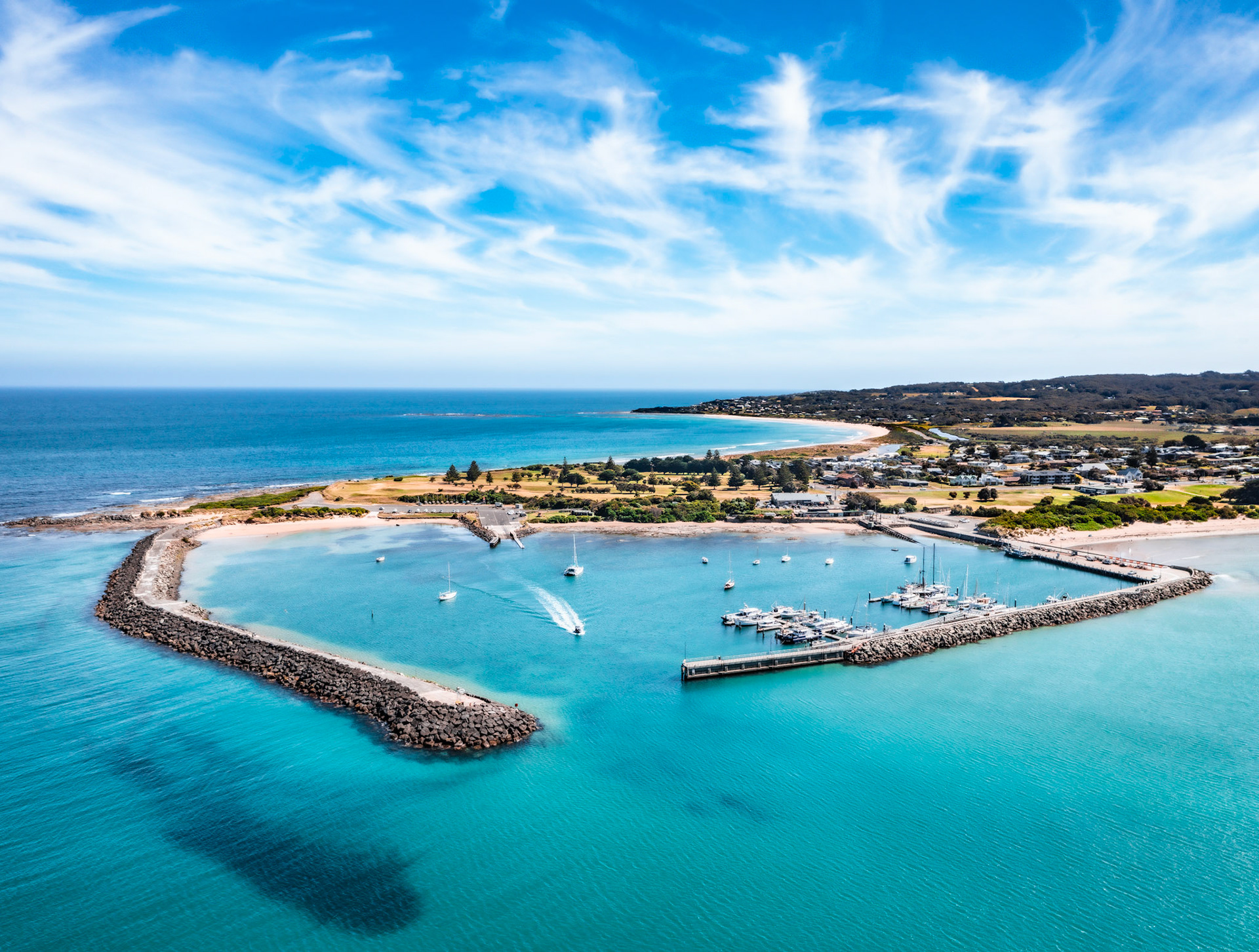 aerial view of Apollo bay harbor great ocean road victoria australia