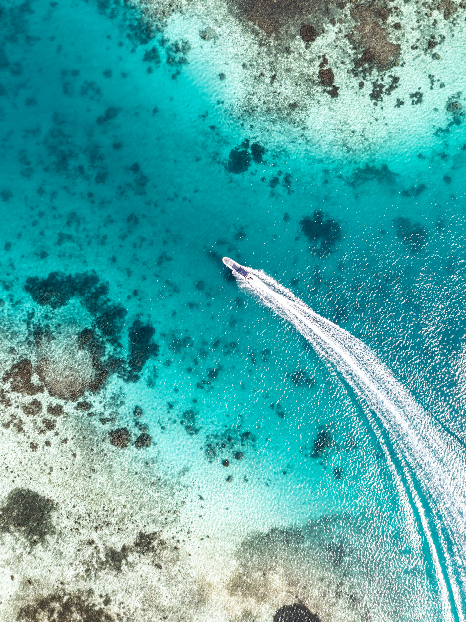 aerial view of a speed boat travelling through malolo barrier reef fiji