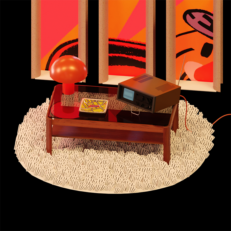A Myer coffee table with a lamp, an old-fashioned portable television, and an ashtray atop it