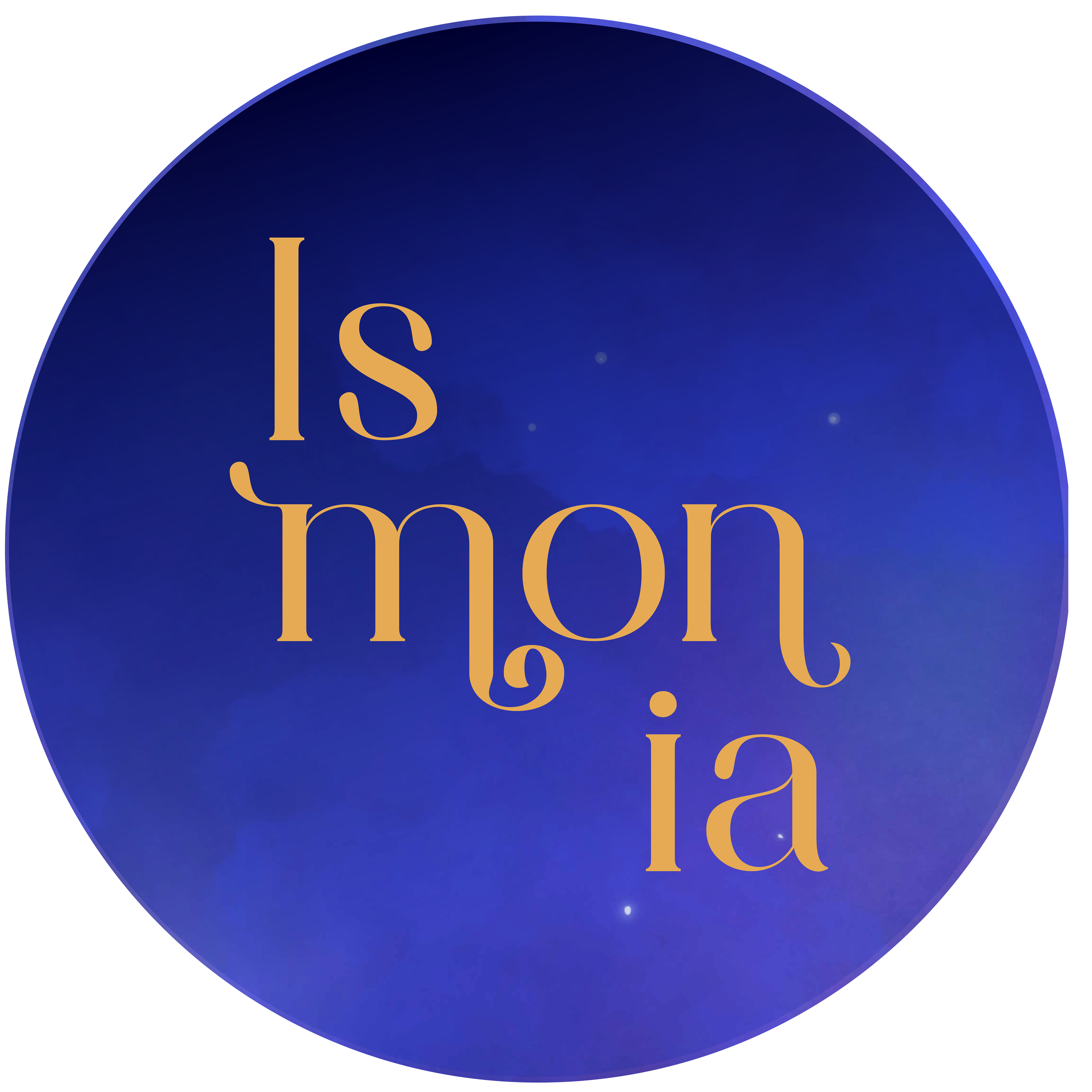 Ismonia Logo. Blue gradient background with gold text, Ismonia.