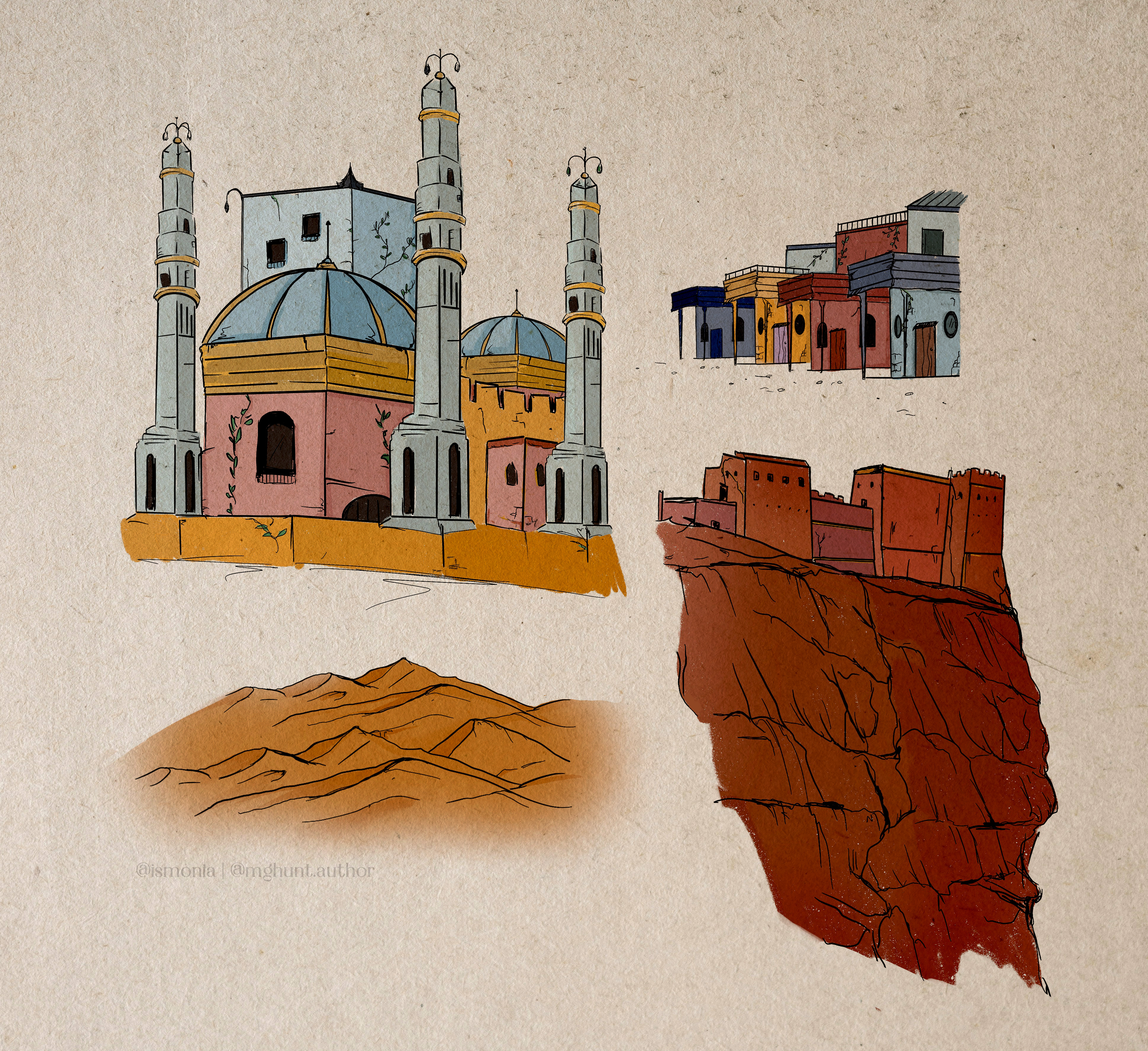A selection of buildings and landscapes from The Colourful Citadel - from MG Hunt's stories.