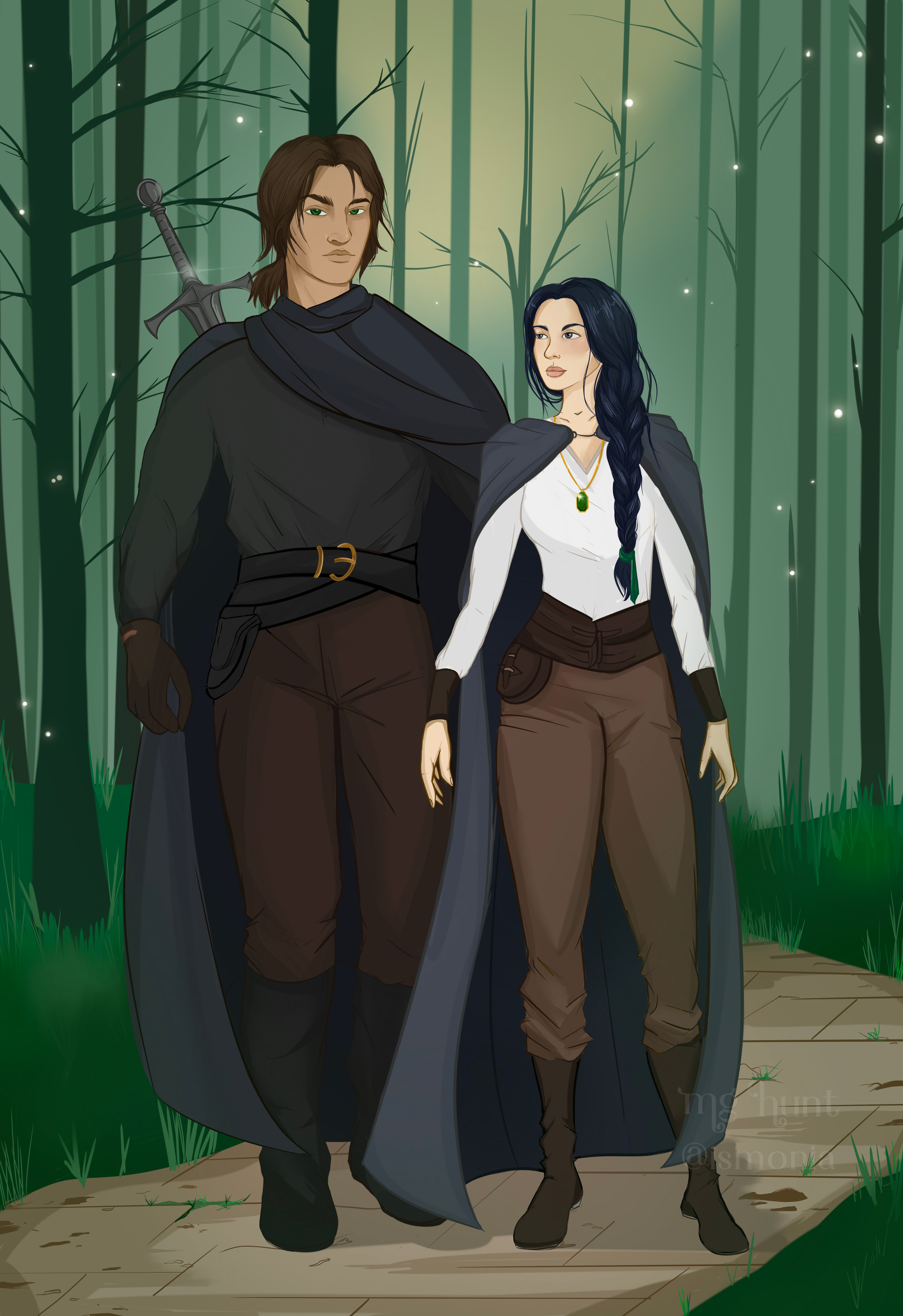 Full body, multi-characters and detailed background example