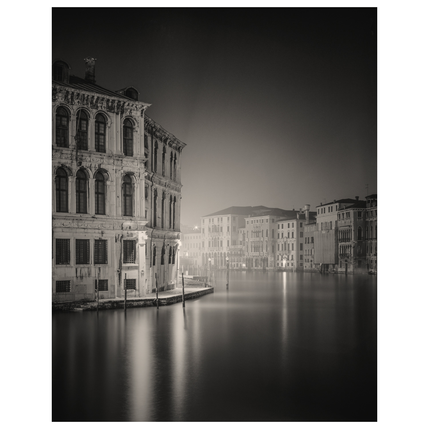 Black and white photograph of the Gran Canal on a misty night by Scottish photographer Colin Ironside Homes