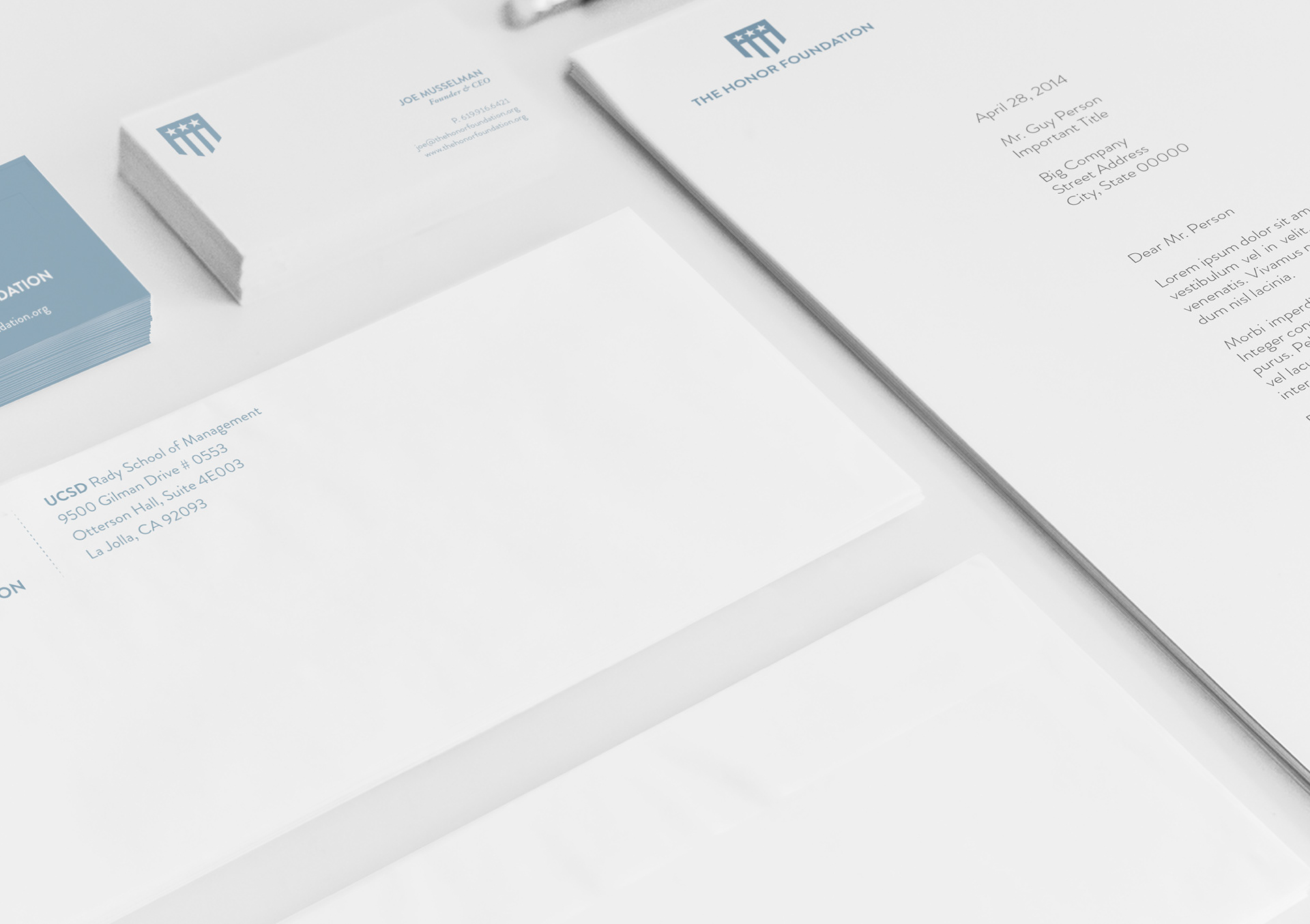 Stationary design for The Honor Foundation - Letterhead, Envelopes, Business Cards