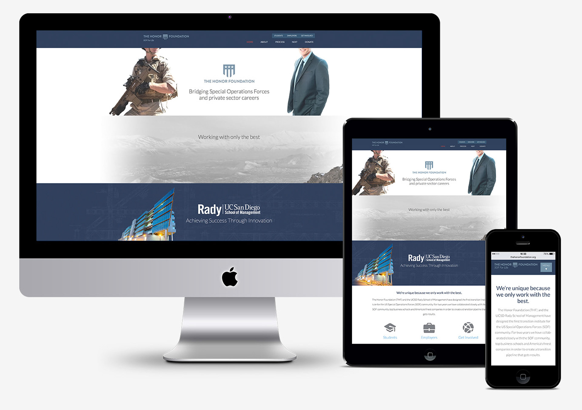 Website design mockup featuring a layout for desktop computer, tablet, and mobile device