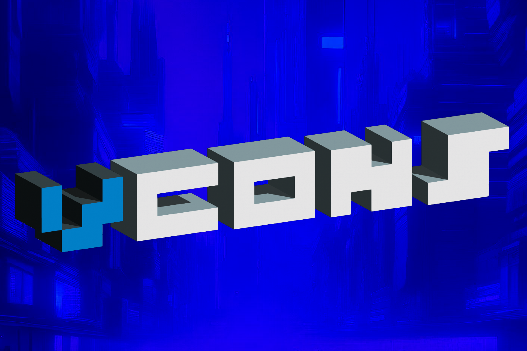 VCONS logo in 3D on blue cyberpunk background