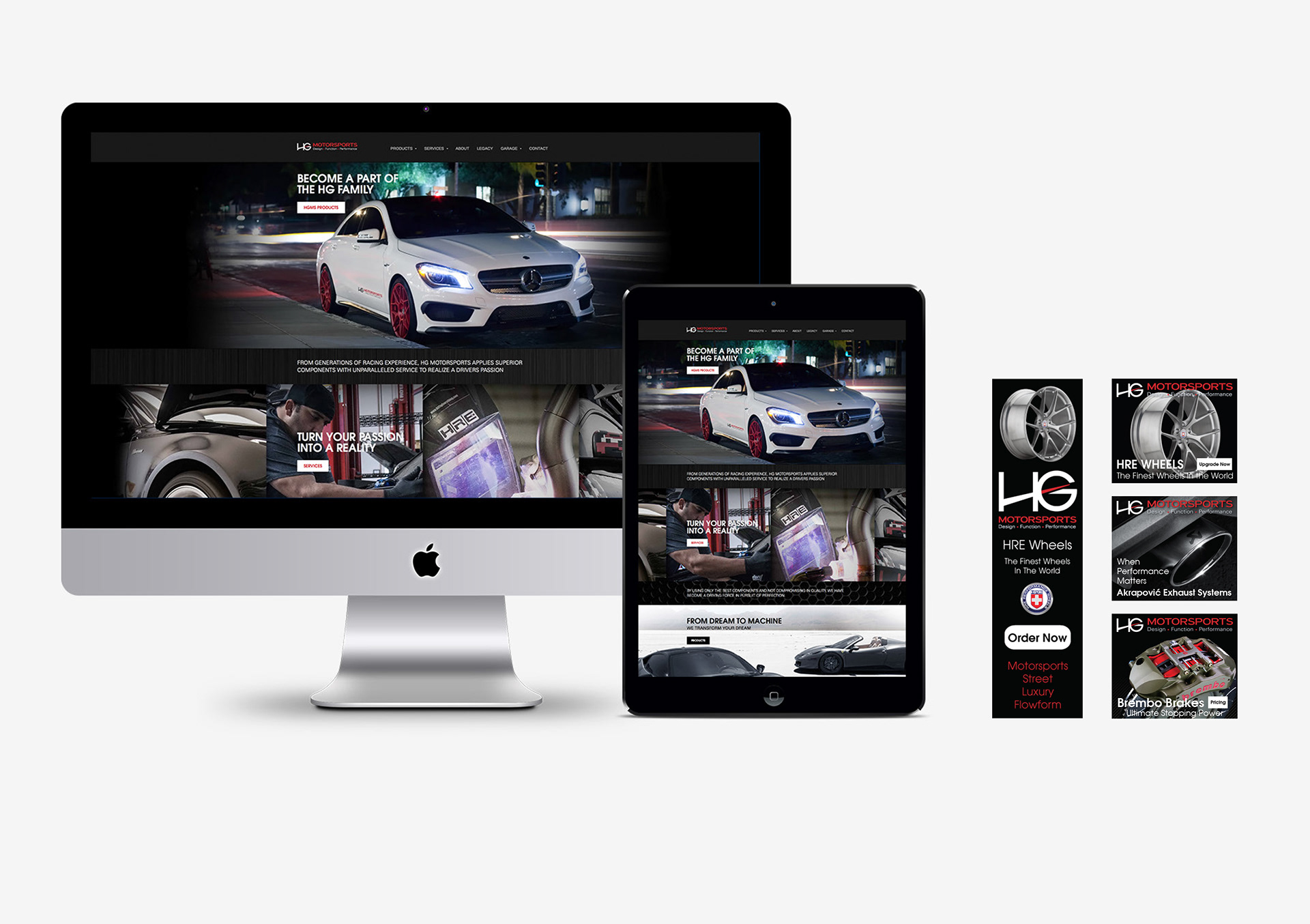 Website design mockup featuring desktop computer, tablet, and mobile phone